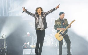 Mick Jagger, left, and Keith Richards of the Rolling Stones rocked during the first night of their Hackney Diamonds Tour in Houston.