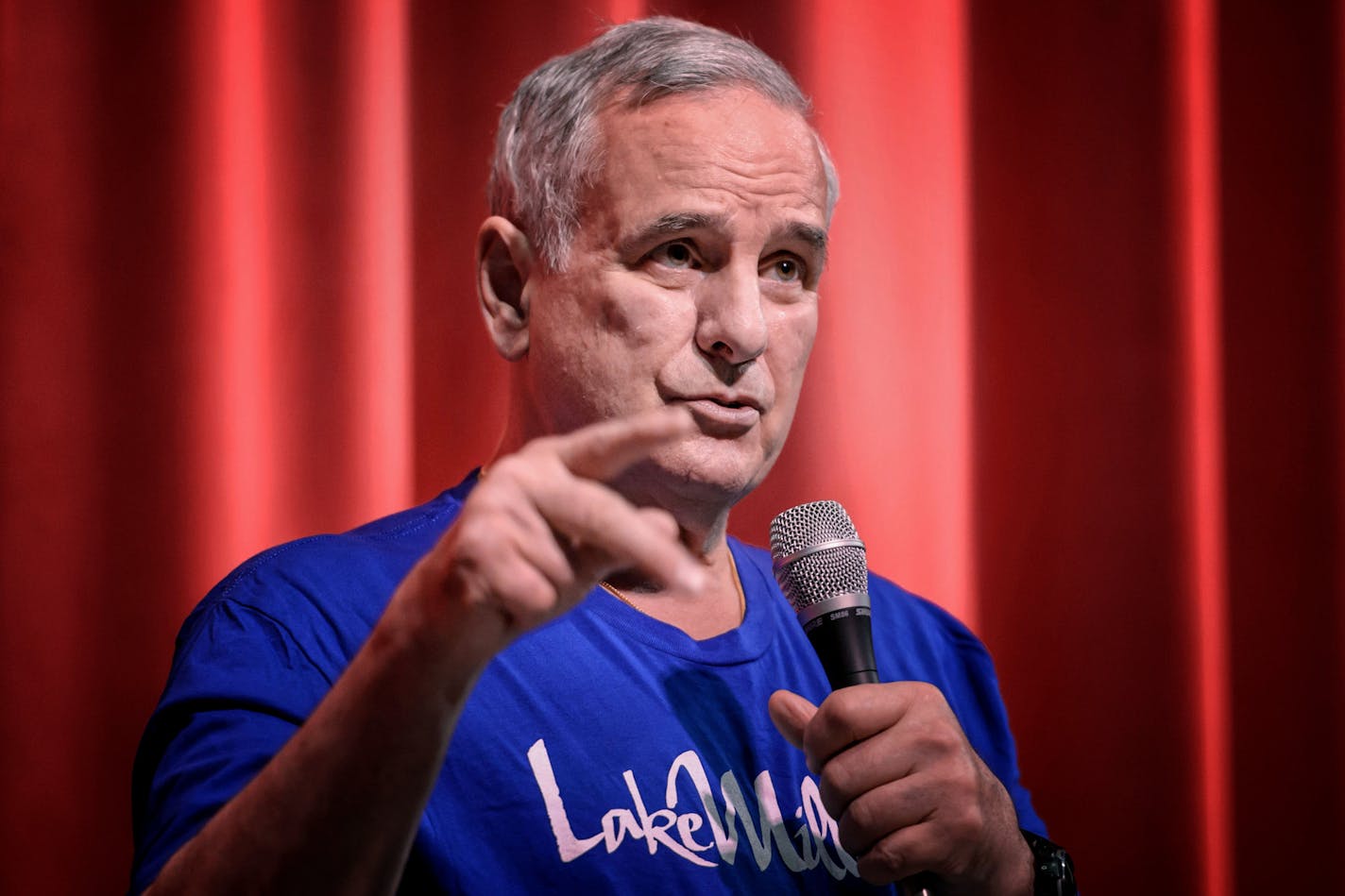 Gov. Mark Dayton speaks about the walleye crisis on Mille Lacs Lake during a town hall meeting Friday, July 31, 2015, in Isle, Minn. Dayton announced that Melanie Benjamin, chief executive of the Mille Lacs Band of Ojibwe, agreed her tribe would halt the netting of walleye on the lake for a year amid an effort to reduce the strain on one of the state's premier fisheries. (Glen Stubbe /Star Tribune via AP) MANDATORY CREDIT; ST. PAUL PIONEER PRESS OUT; MAGS OUT; TWIN CITIES LOCAL TELEVISION OUT OR