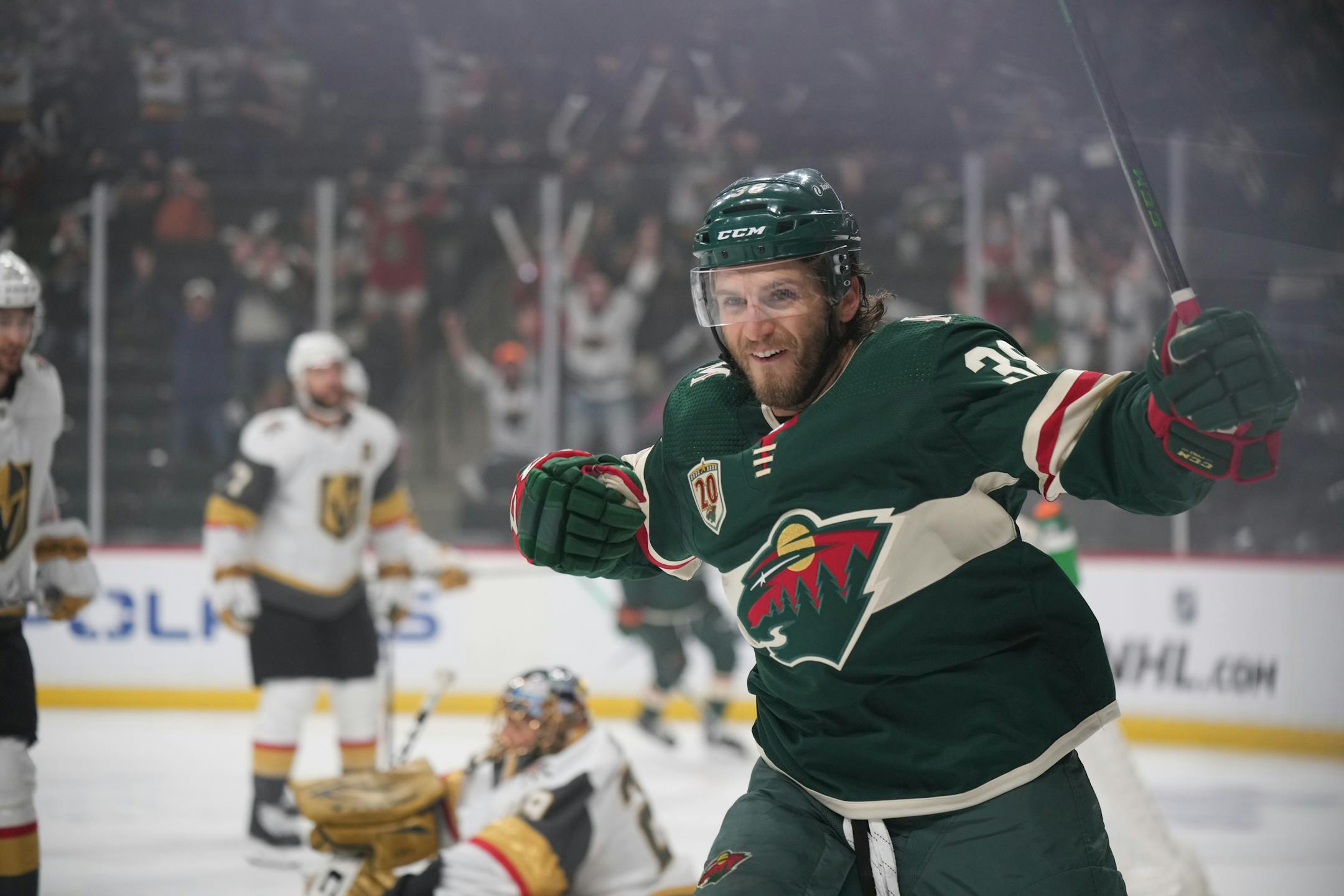 Minnesota Wild right wing Ryan Hartman (38) reacts scoring the first goal of the game in the first period.