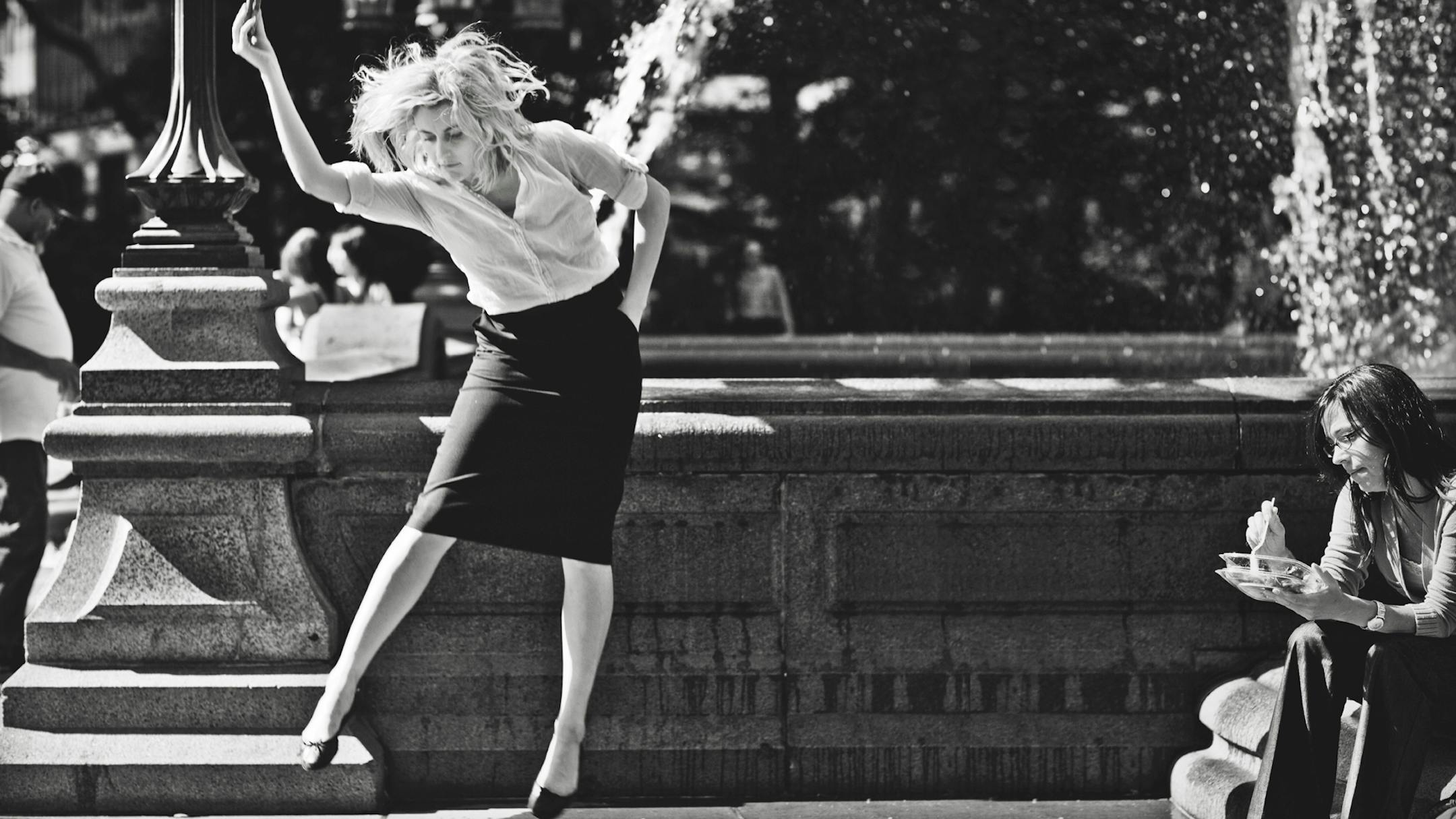 IFC Films This undated publicity photo released by the Independent Film Channel shows Greta Gerwig, left, as Frances dancing in front of fountain in a scene from the film, "Frances Ha." (AP Photo/IFC) ORG XMIT: MIN2013052009370223