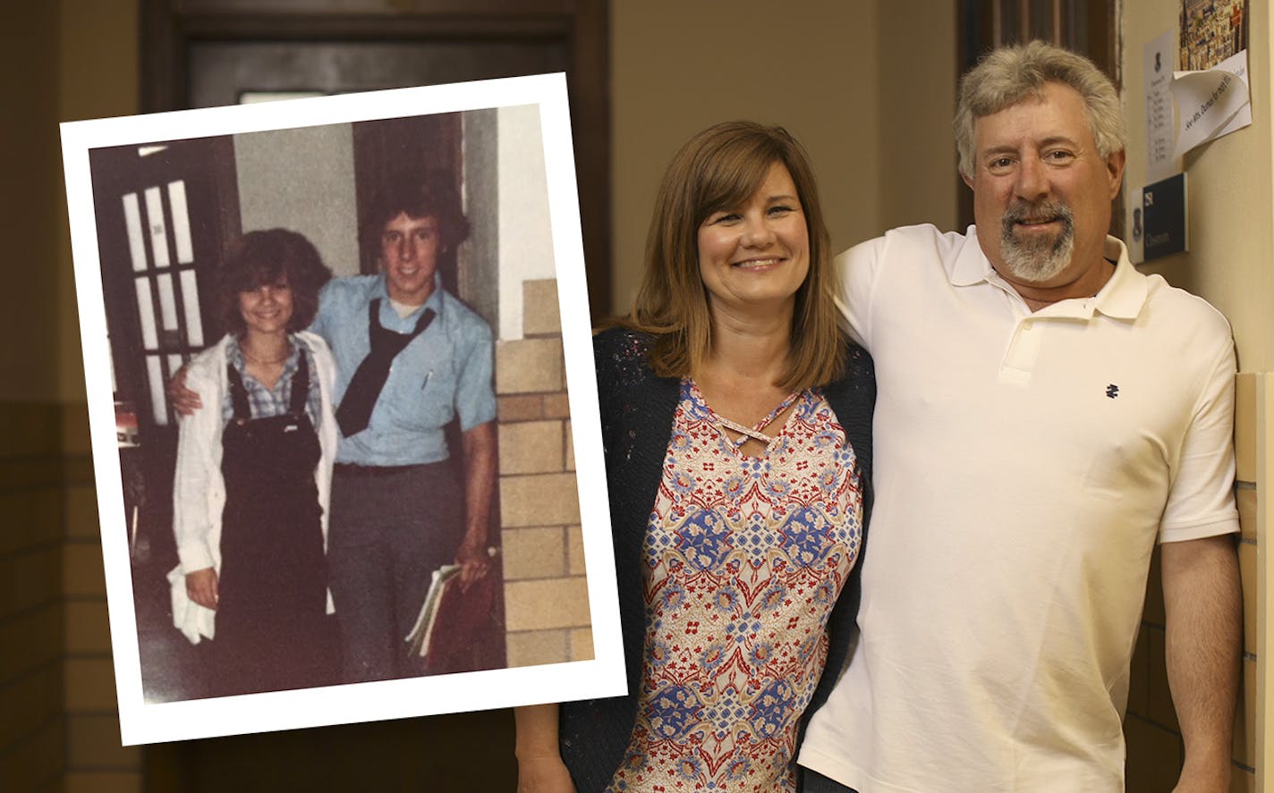 Kim Dean and Ron Harper, at a spot on the second floor of St. Agnes School where Kim used to wait to catch a glimpse of Ron coming down the stairs from the high school classrooms upstairs. (Plus an old photo of the couple.)