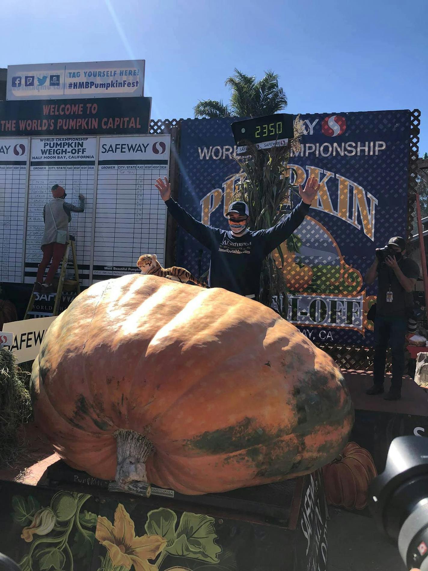 Travis Gienger, of Anoka, has grown the largest pumpkin in North America in 2020 weighing in at 2,350 pounds at the Safeway World Championship Pumpkin Weigh-Off in Half Moon Bay, Calif. His prize? $16,450, or $7 for every pound of his gargantuan gourd. Gienger let his fellow competitors know he hails from the Halloween Capital of the World, so it's only fitting that his pumpkin, named Tiger King, won the competition. ORG XMIT: ki9gcwTC7fsaXDEf0fM7