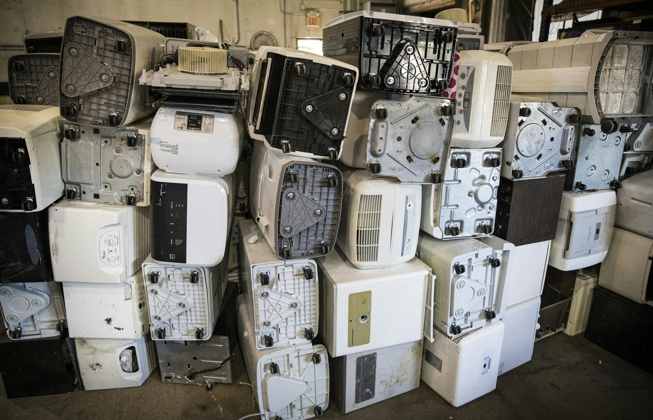 A pile of dead dehumidifiers was stacked up and readied for recycling at J.R.&#x2019;s Advanced Recyclers in Inver Grove Heights.