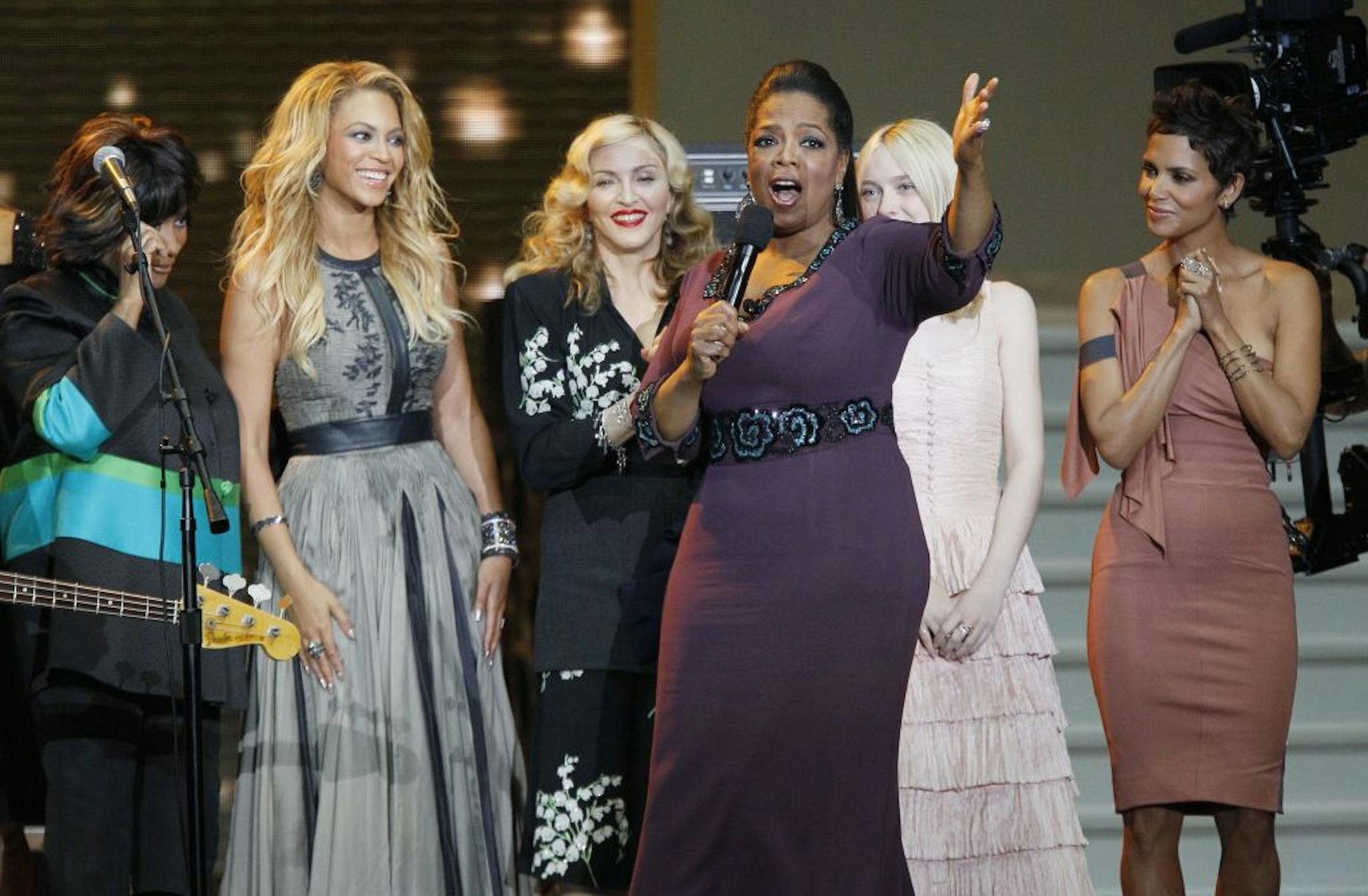 Oprah Winfrey was flanked by Patti LaBelle, Beyonce, Madonna, Dakota Fanning and Halle Berry during a star-studded double-taping of "Surprise Oprah! A Farewell Spectacular," which will air Monday and Tuesday.