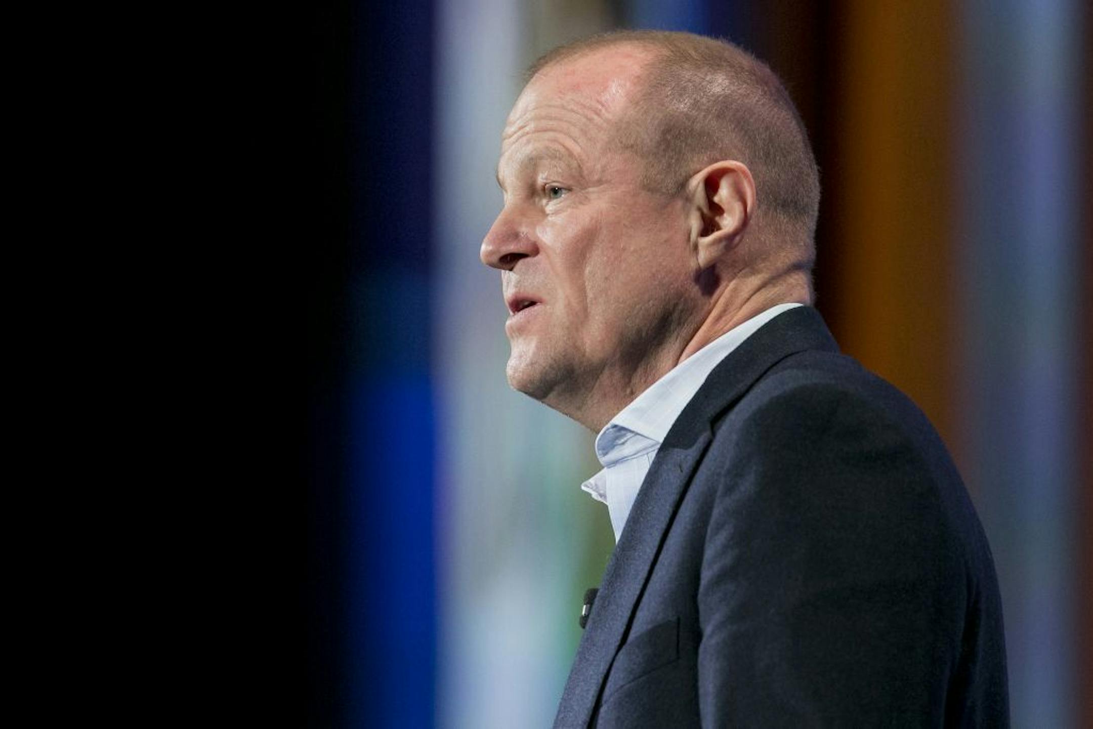 FILE- In this Sept. 28, 2015, file photo Art Peck, CEO of Gap, speaks at the Clinton Global Initiative in New York. Peck is stepping down as the company continues to grapple with slumping sales. Peck, who has been CEO since 2015, will be temporarily replaced by Gap's non-executive chairman of the board Robert Fisher.