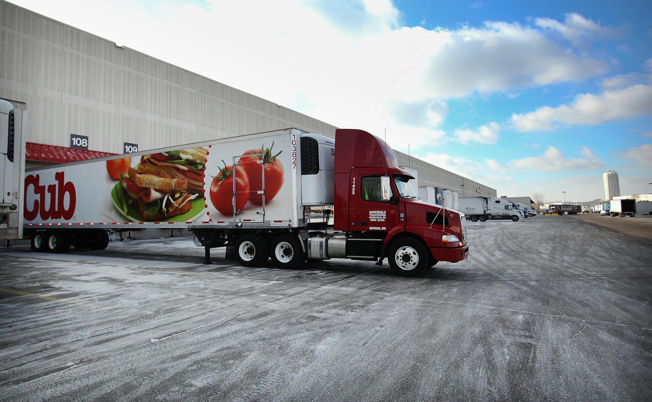 The conversion of 18 Rainbow Foods stores in the Twin Cities has begun, and most are getting the Cub banner. All will be supplied by Supervalu. 2013 file photo of trailers lined up at the Supervalu distribution center in Hopkins.