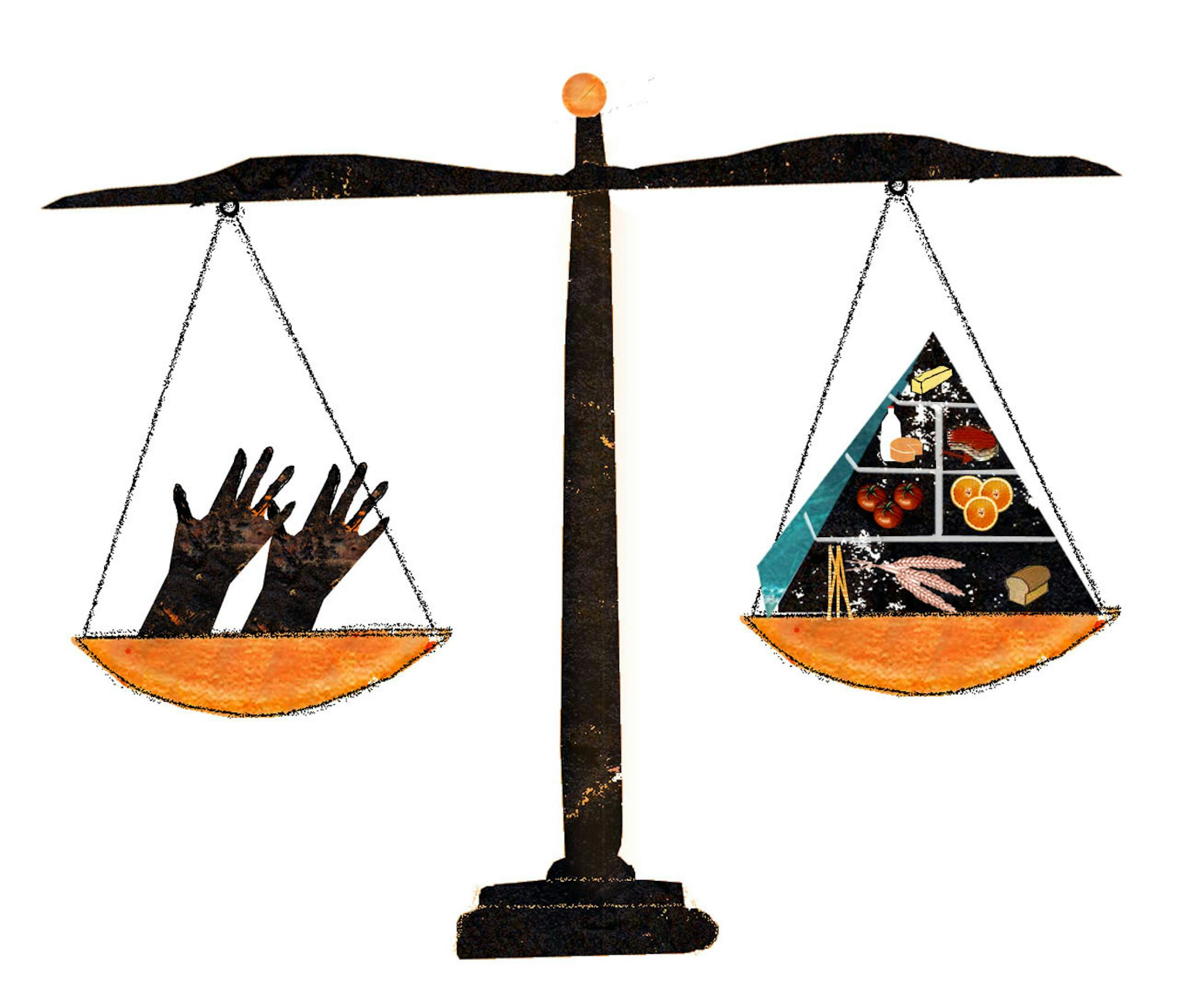 spot illustration for story on food industry and obesity vs healthy choices.
