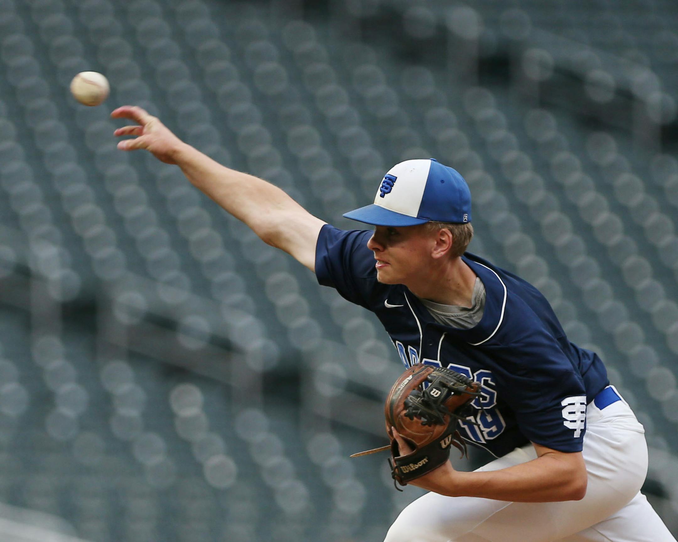 St. Thomas pitcher Coborn, Duke (19) throws against Benilde-St. Margaret's School in the first inning. ] NICOLE NERI • nicole.neri@startribune.com BACKGROUND INFORMATION: at the Class 3A state championships Benilde-St. Margaret's vs. St. Thomas Academy at Target Field Thursday, June 20, 2019