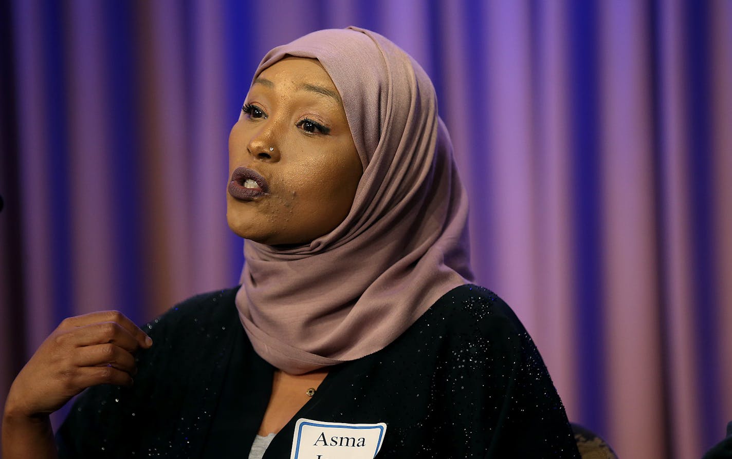 Asma Jama, who was attacked by a woman at a local Applebees, was one of four panelists who spoke of their experiences of racial attacks during a forum about Islamophobia at the Dorsey & Whitney Law Firm, Wednesday, April 13, 2016 in Minneapolis.