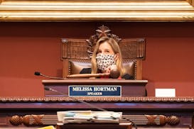 A masked House Speaker Melissa Hortman, DFL-Brooklyn Park prepared for the House Session under social distancing. GLEN STUBBE &#x2022; glen.stubbe@sta