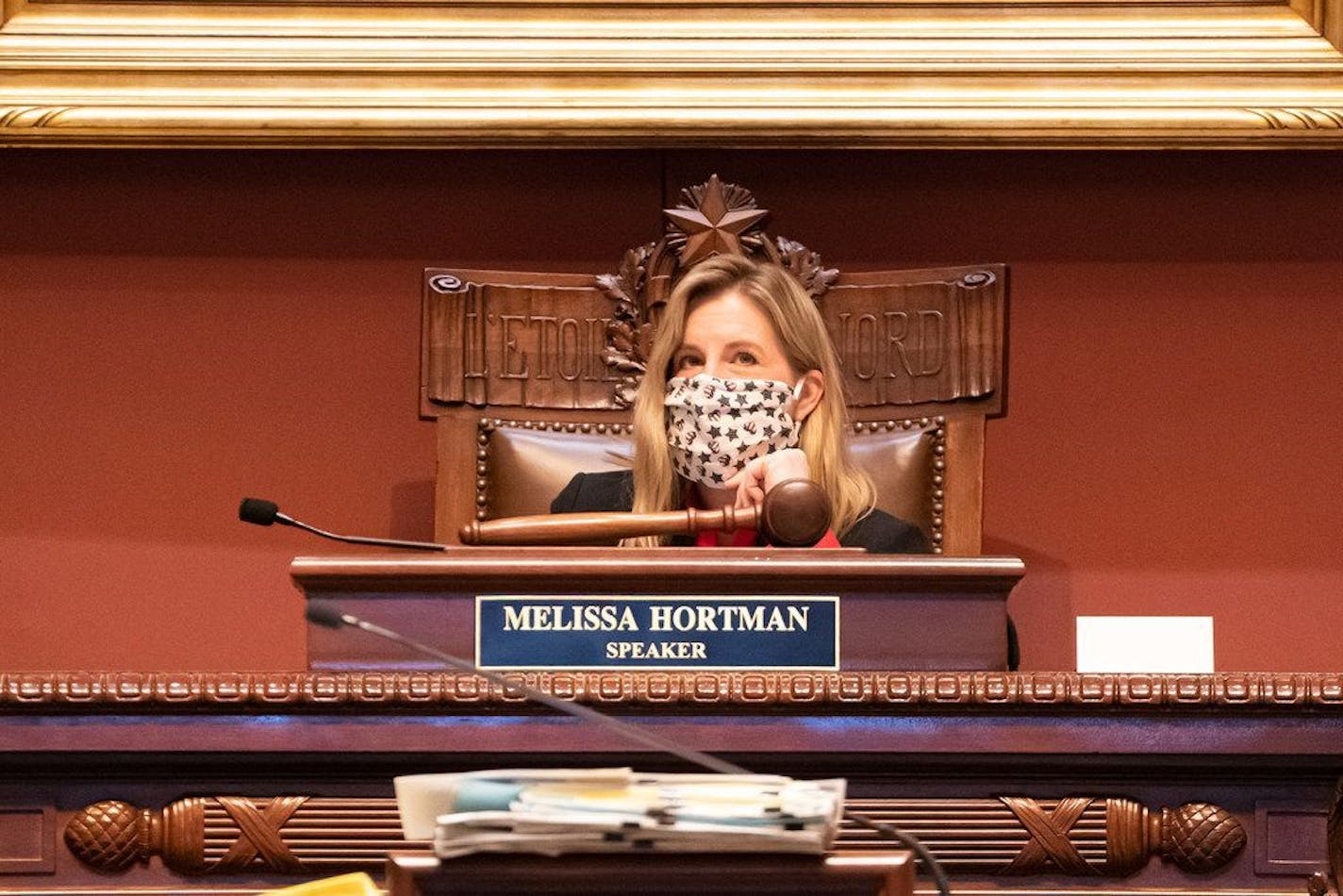 A masked House Speaker Melissa Hortman, DFL-Brooklyn Park prepared for the House Session under social distancing. GLEN STUBBE &#x2022; glen.stubbe@startribune.com Tuesday, April 14, 2020