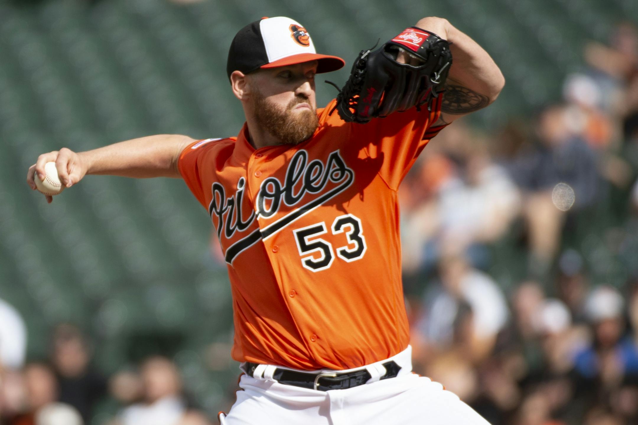 Baltimore Orioles starting pitcher Dan Straily (53) throws in the first inning of a baseball game against the Minnesota Twins, Saturday, April 20, 2019, in Baltimore.