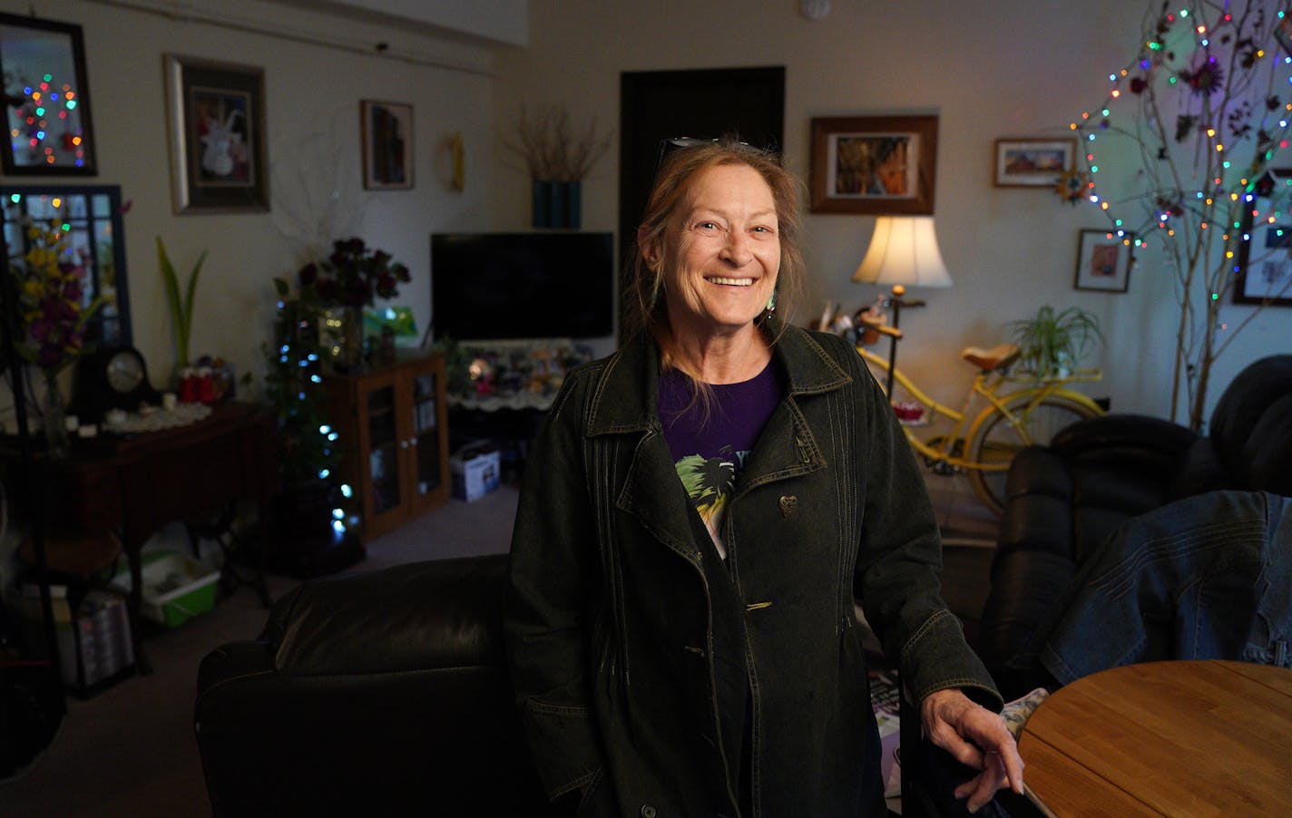 Trish Turek, stood for a portrait Tuesday in her rent controlled apartment at Stonehouse Square Apartments. "This is the nicest apartment I've ever had, ever. It's also the cheapest apartment I've ever had," she said. "It's a great place to live with the bus you have downtown right there. When I moved in I said I'd die here." ] ANTHONY SOUFFLE &#x2022; anthony.souffle@startribune.com Residents sat for portraits Tuesday, April 30, 2019 in their rent controlled apartments at Stonehouse Square Apar