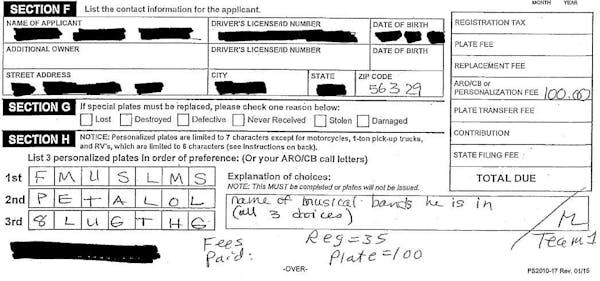 The application for a personalized license plate shows the three options the vehicle owner listed, and the explanation. This is a portion of the docum