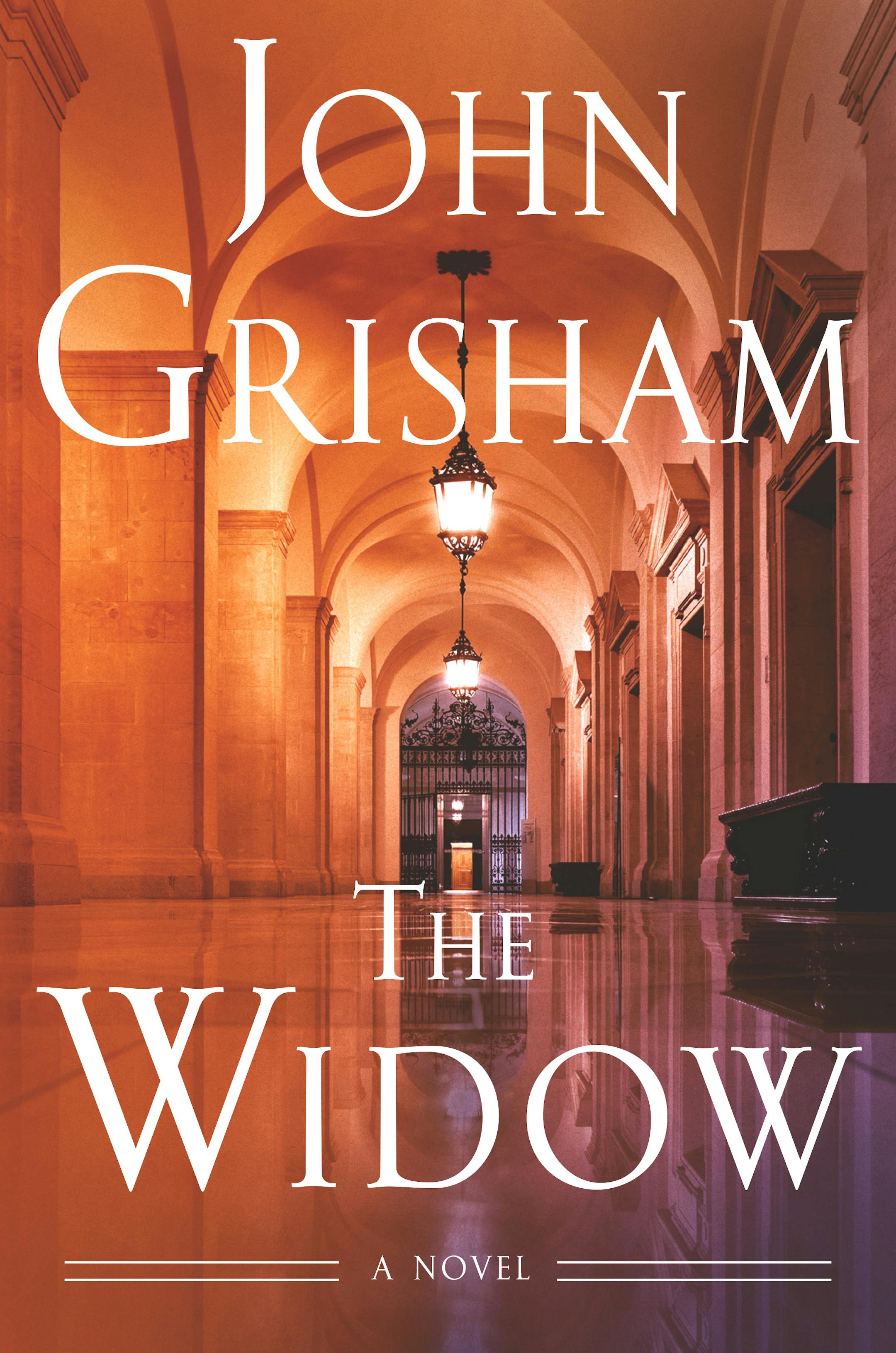 cover of The Widow is a photo of a view down a corridor of a grand, empty courthouse