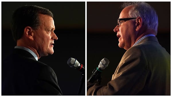 Republican Jeff Johnson, left, and DFLer Tim Walz faced off Tuesday night in a "Greater Minnesota Debate" in Willmar, Minn.