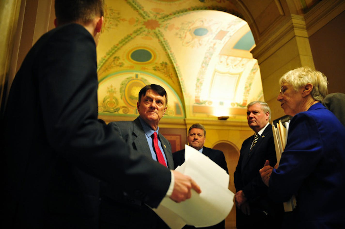 Education committee chair Sen. Chuck Wiger D-Maplewood and other DFL education committee members gathered to talk about their plan before entering a press conference to reveal the details.  Thursday, April 11, 2013      ]   GLEN STUBBE * gstubbe@startribune.com