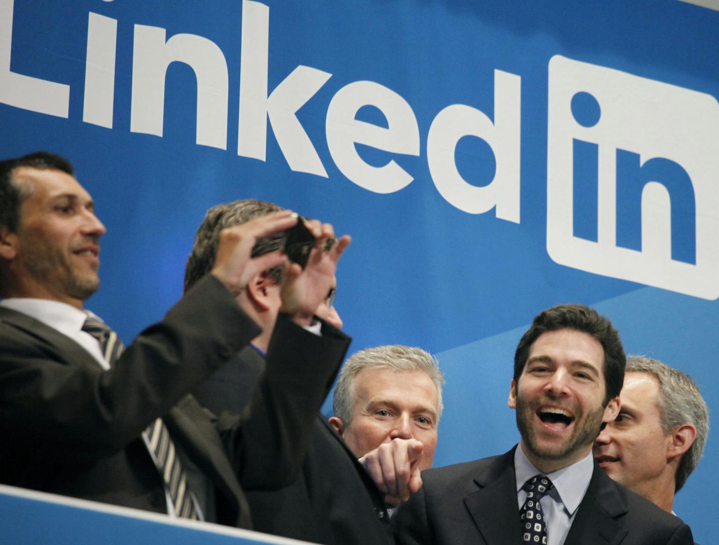 Jeff Weiner, second from right, LinkedIn's CEO, celebrates the company's listing, Thursday, May 19, 2011 at the New York Stock Exchange. LinkedIn, based in Mountain View, Calif., is an internet-based social networking rolodex for business people. (AP Photo/Mark Lennihan)