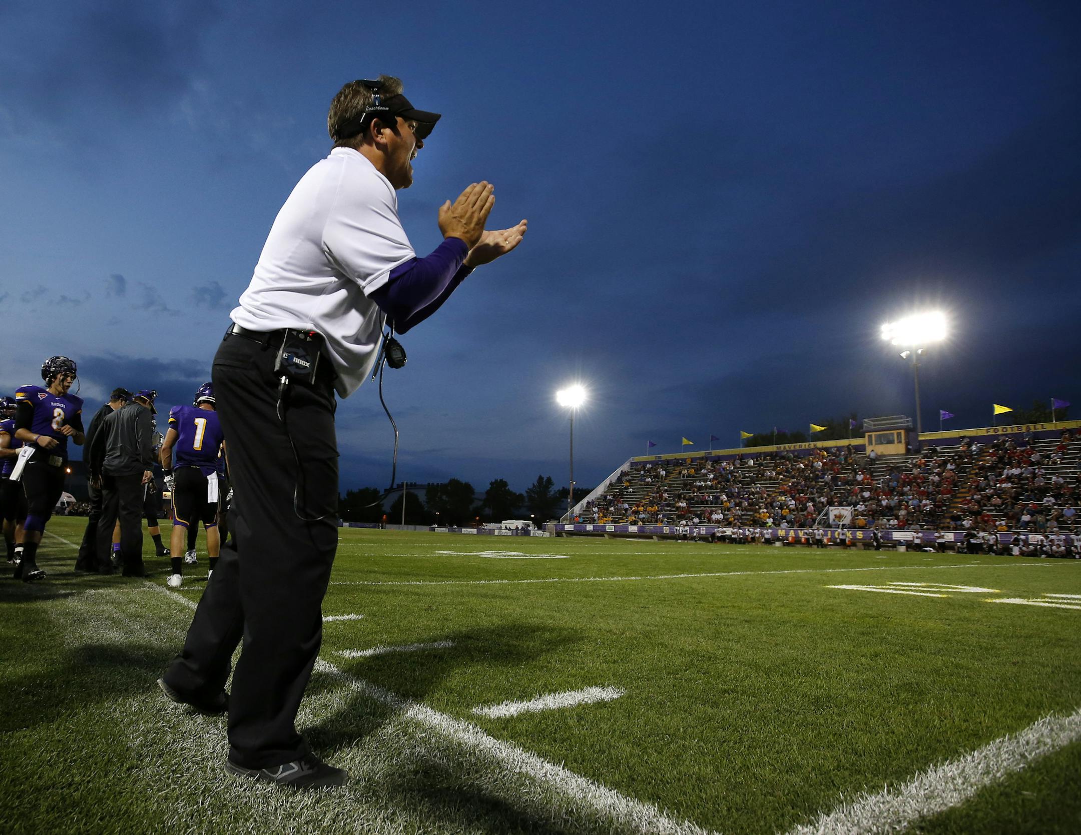 Minnesota State, Mankato football coach Todd Hoffner during Thursday night's game vs. St. Cloud State at Blakeslee Stadium. ] CARLOS GONZALEZ cgonzalez@startribune.com - September 4, 2014, Mankato, Minn., Minnesota State, Mankato, Blakeslee Stadium,