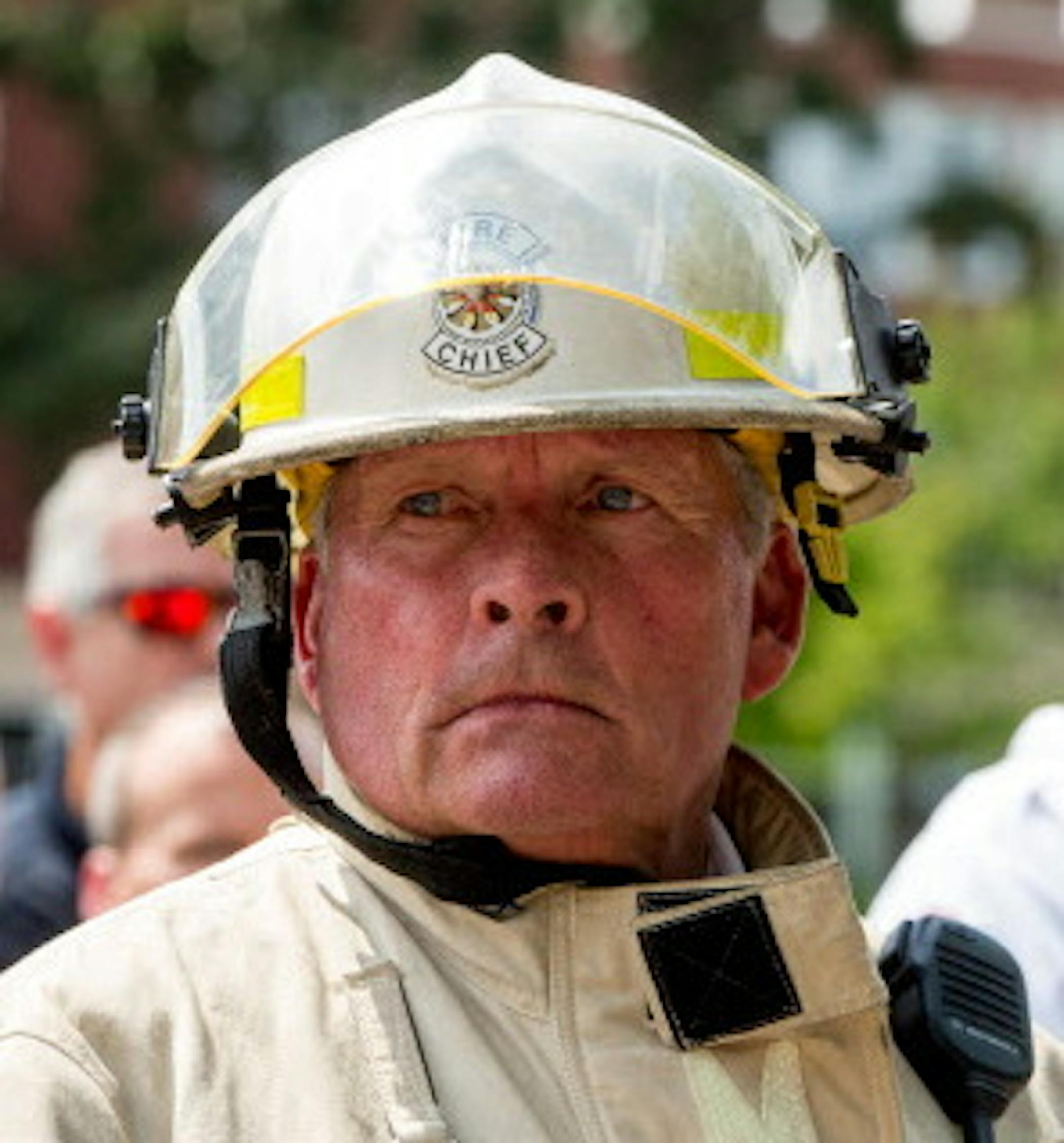 Minneapolis Fire Chief John Fruetel speaks during a news conference at Minnehaha Academy following an explosion and partial building collapse on Aug. 2, 2017. ] COURTNEY PEDROZA • courtney.pedroza@startribune.com; explosion and building collapse at Minnehaha Academy; Aug. 2, 2017; Minneapolis;