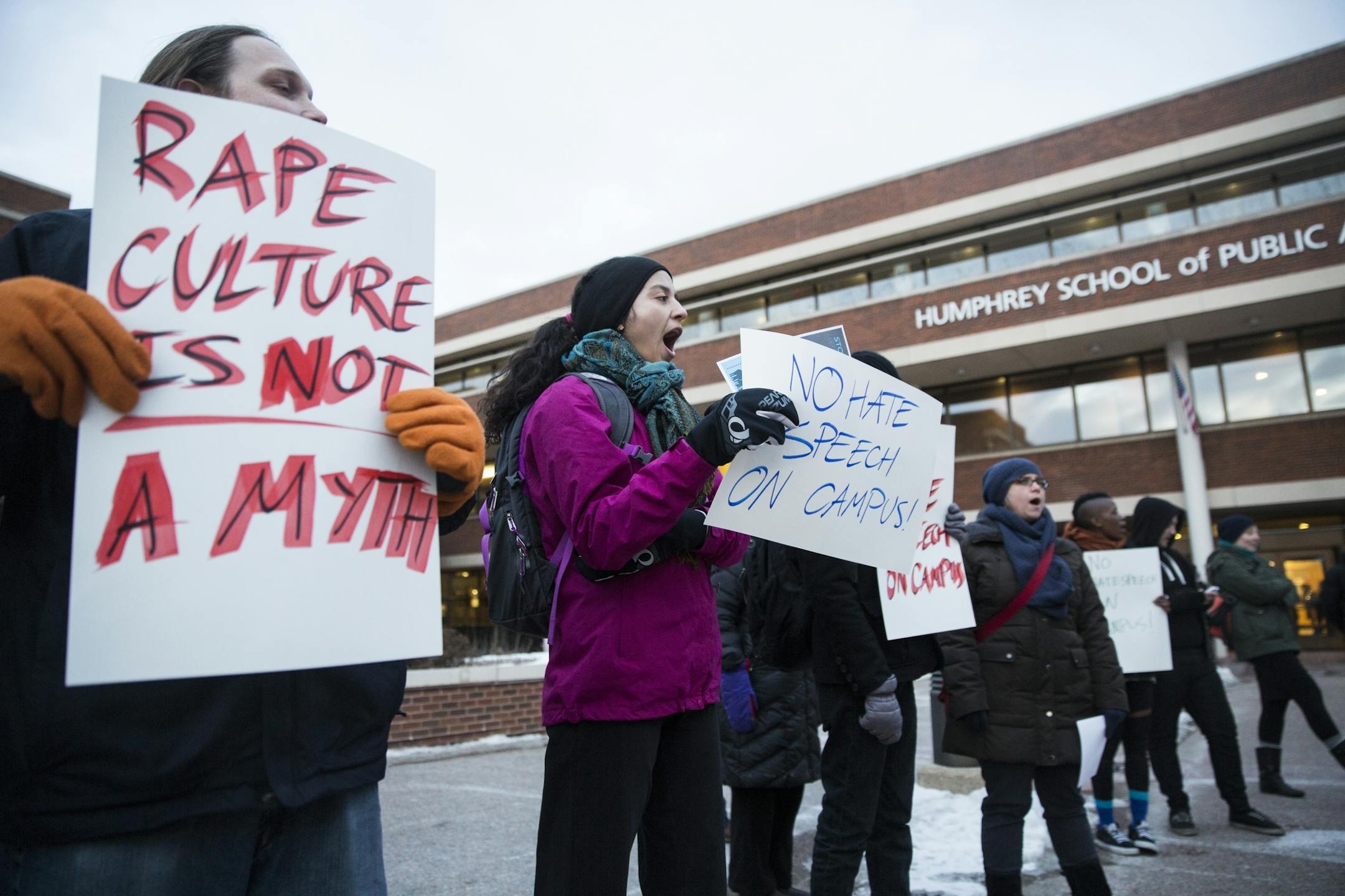 Protesters gather outside during a talk by Milo Yiannopoulos and Christina Hoff Sommers at the Humphrey Institute of Public Affairs on the campus of the University of Minnesota in Minneapolis on Wednesday, February 17, 2016.