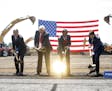 President Donald Trump participates in the groundbreaking for a $10 billiob Foxconn factory complex in Mount Pleasant, Wis., June 28, 2018. From right