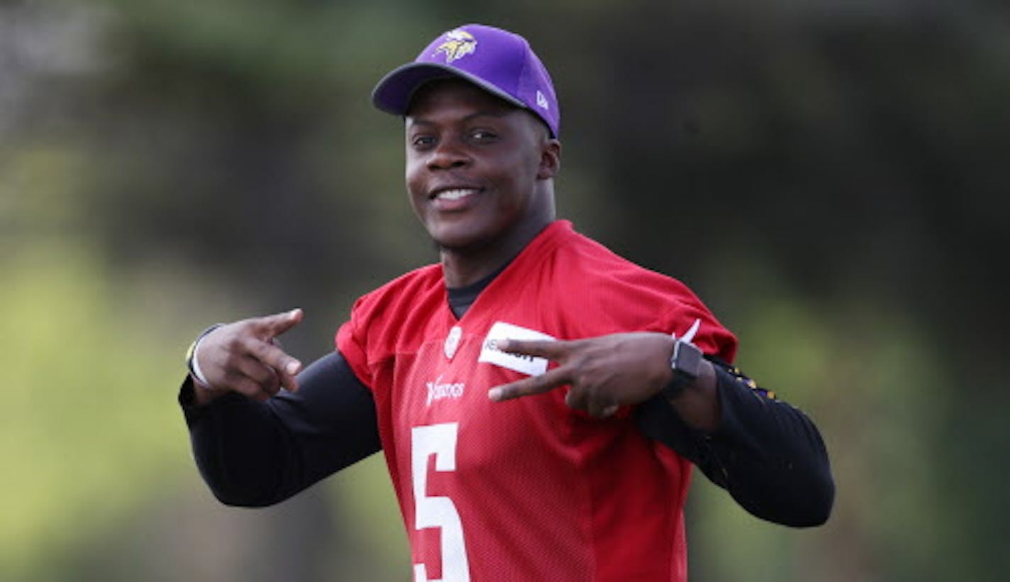 Minnesota Vikings quarterback Teddy Bridgewater (5) works out on Sunday, July 30, 2017 at Minnesota State University Mankato in Mankato, Minn. (Jerry Holt/Minneapolis Star Tribune/TNS)