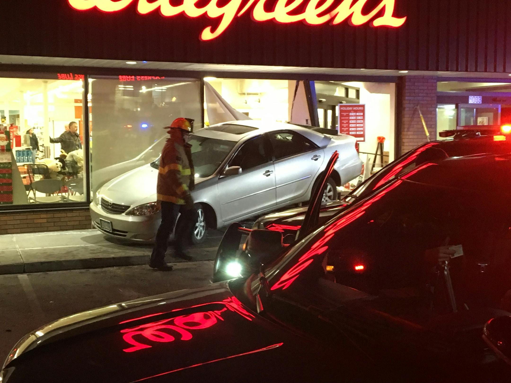 No one was hurt after the driver of a Toyota Camry backed into an Edina Walgreen's Thursday night.
