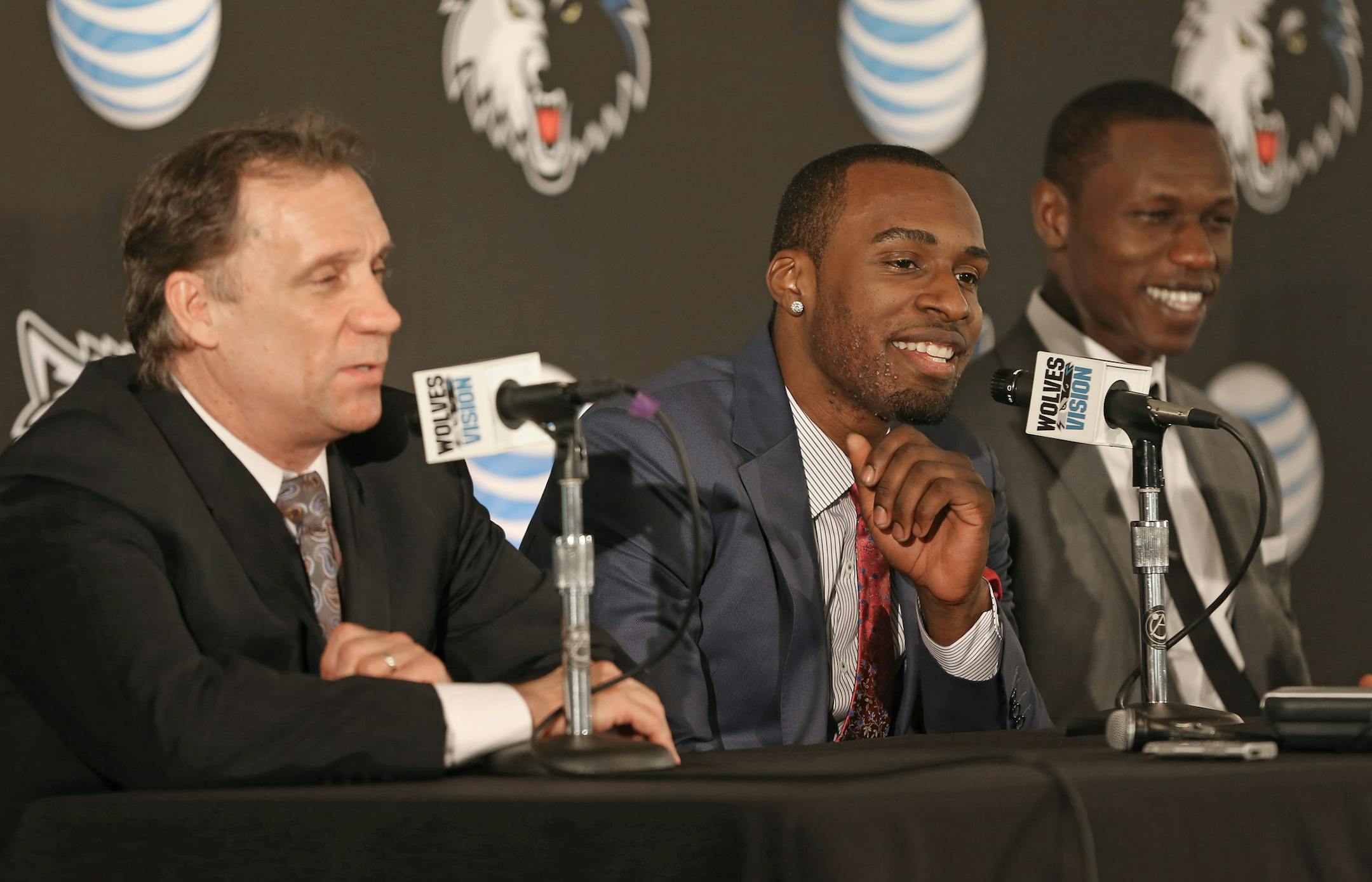 (left to right) Flip Saunders presented Shabazz Muhammad and Gorgui Dieng during an introduction press conference at the Target Center on 6/28/13.] Bruce Bisping/Star Tribune bbisping@startribune.com Shabazz Muhammad and Gorgui Dieng/source.