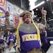 Minnesota Vikings fan Syd Davy cheers ahead of the first round at the NFL football draft, Thursday, April 25, 2019, in Nashville, Tenn. (AP Photo/Mark