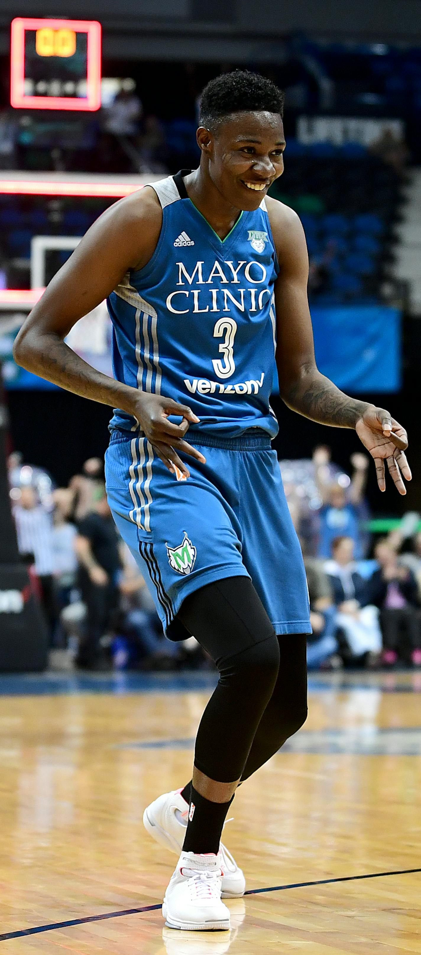 Minnesota Lynx forward Natasha Howard (3) celebrated after hitting a 3-point buzzer beater to end the first half Friday. ] (AARON LAVINSKY/STAR TRIBUNE) aaron.lavinsky@startribune.com The Minnesota Lynx played the Indiana Fever on Friday, May 27, 2016 at Target Center in Minneapolis, Minn.