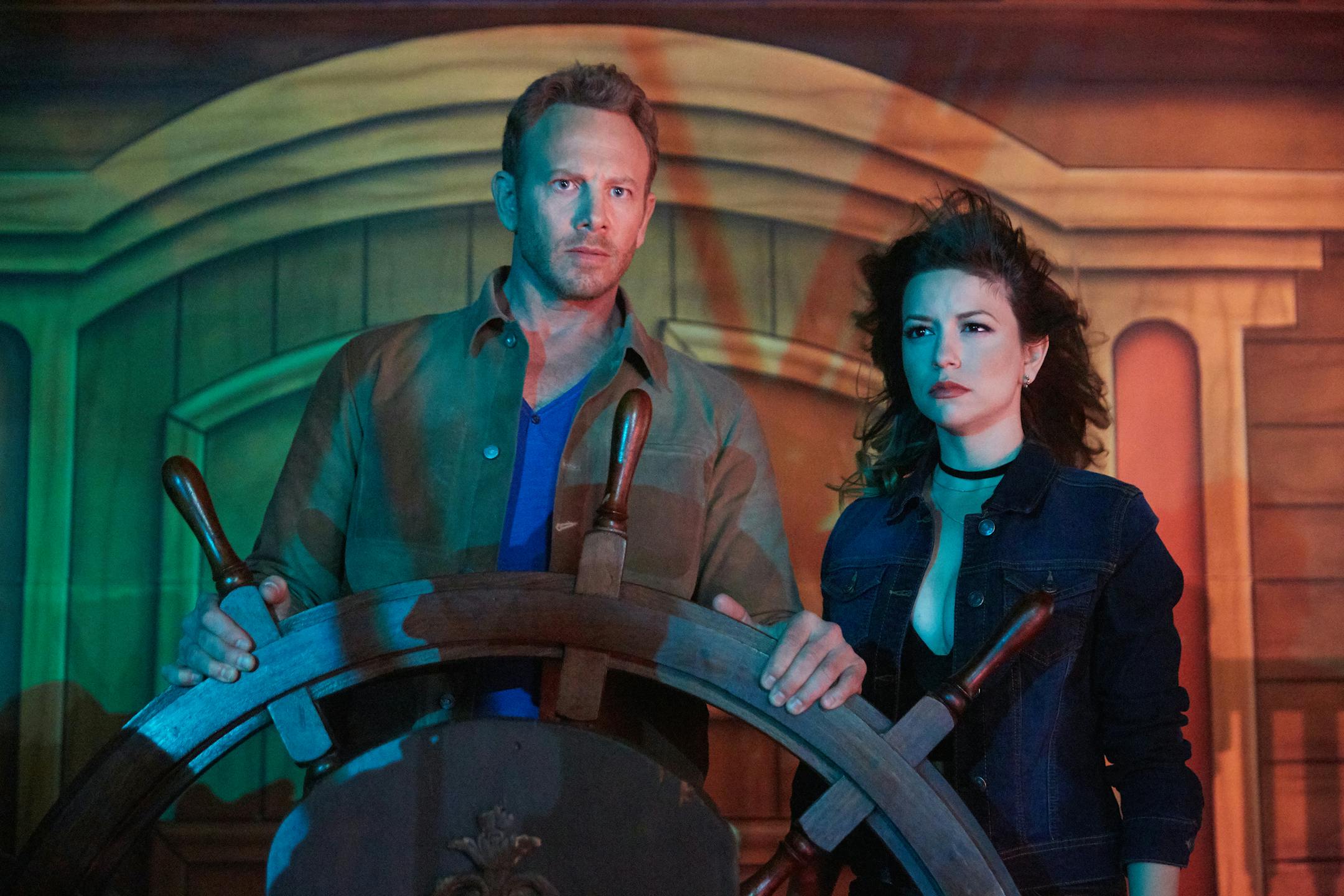 Ian Ziering and Masiela Lusha commandeer the Treasure Island pirate ship in "Sharknado: The 4th Awakens."