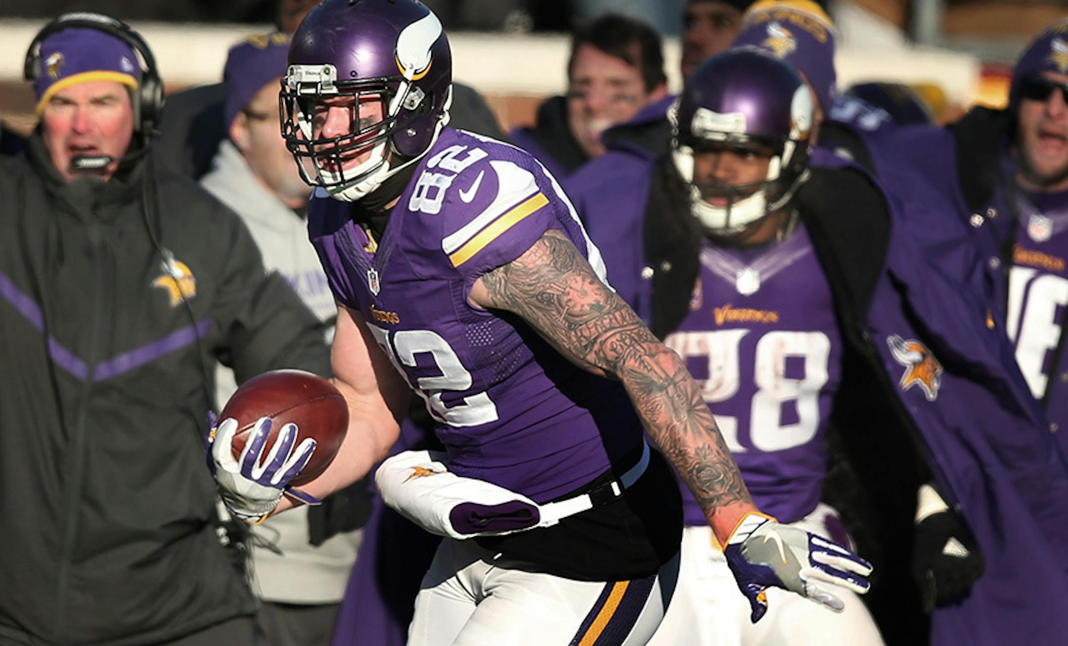Vikings tight end Kyle Rudolph picked up 24 yards on a reception late in the fourth quarter against the Seahawks at TCF Bank Stadium on Jan. 10.