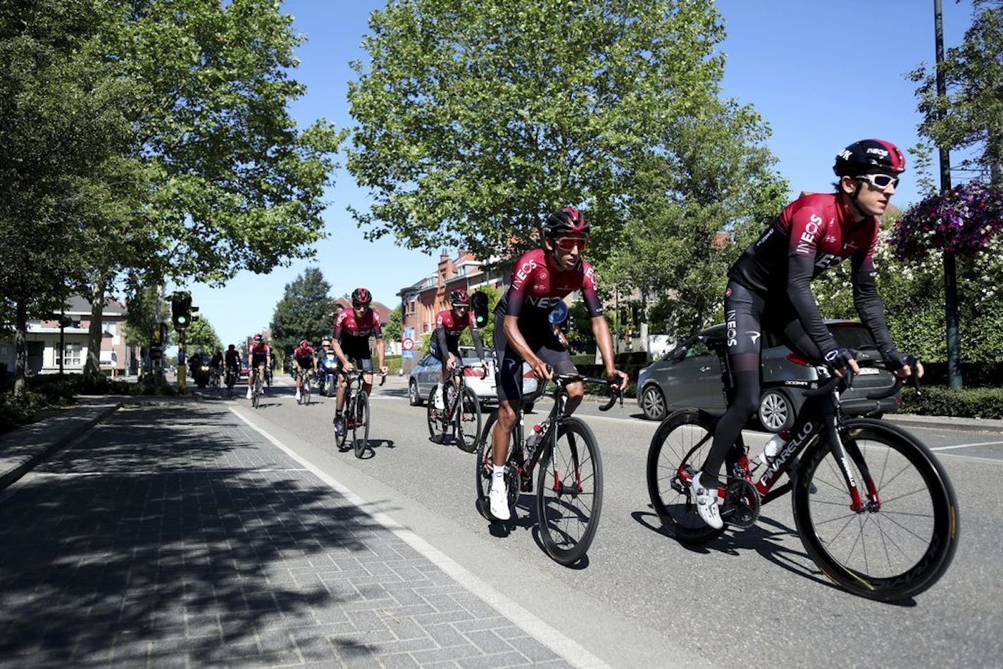 Britain's Geraint Thomas, right, rides with teammates during a training session, outside Brussels, Thursday, July 4, 2019, ahead of upcoming Saturday's start of the race.