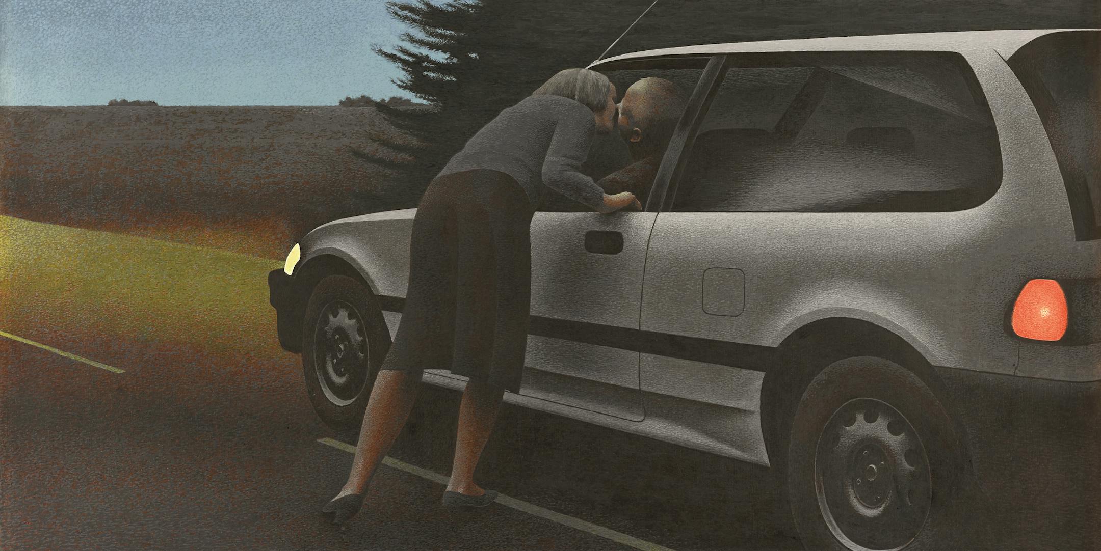 Canadian artist Alex Colville's 1989 painting "Kiss With Honda" inspired one of K.D. Miller's short stories. © A.C. Fine Art Inc.