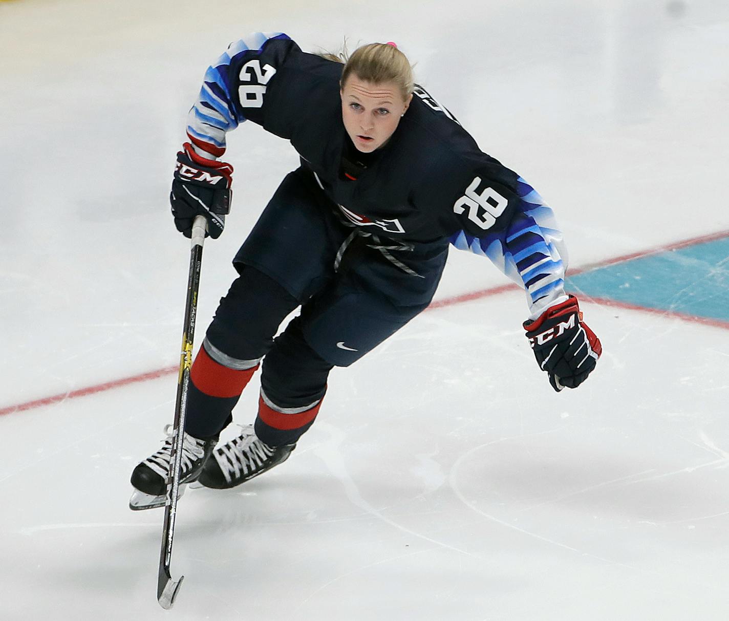 In this Jan. 25, 2019, file photo, U.S. Women's National Team member Kendall Coyne Schofield skated during the Skills Competition, part of the NHL All-Star weekend in San Jose, Calif. More than 200 of the world's top female players have taken their next step toward a single, economically viable professional league by forming their own players' association. "It is our responsibility to make sure the next generation of players have more opportunities than we had," said Schofield, who played for th