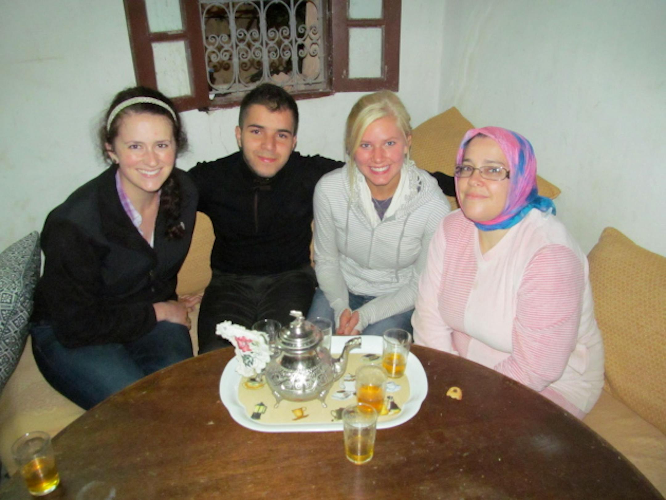 Tea time with the family. From left to right: Katie Sieger, Taha (host brother age 20), Me, and Khadija (host mother)
