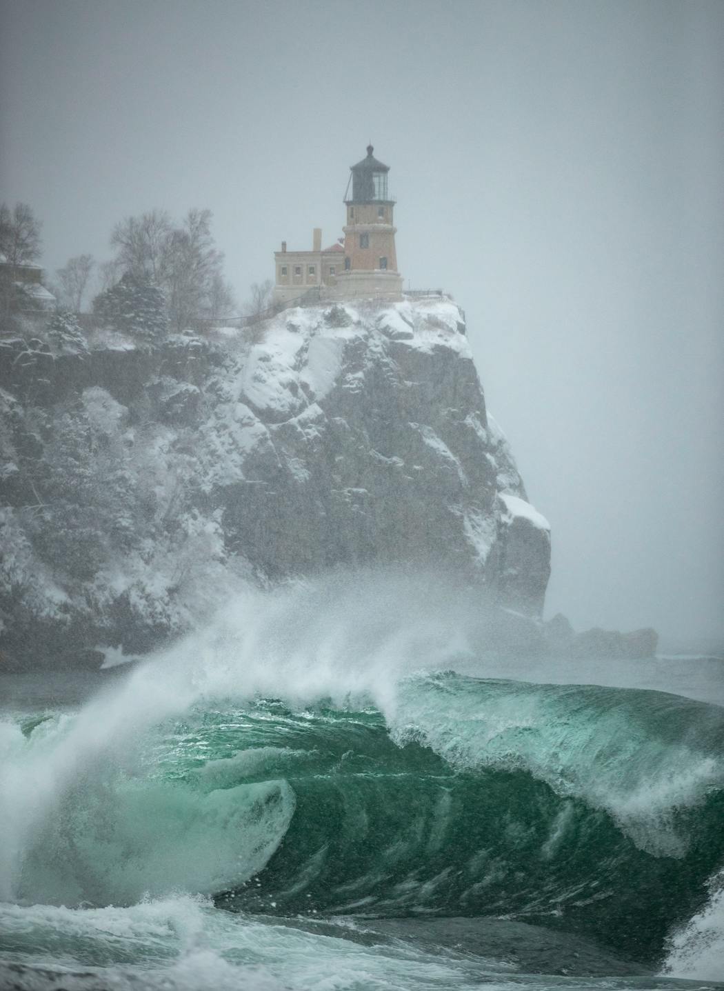 Massive waves crashed on the shoreline by the Split Rock Lighthouse in Two Harbors in 2019.