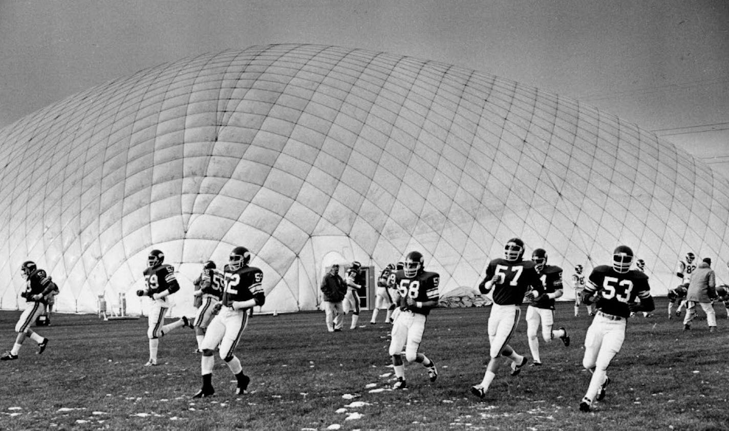 Members of the Minnesota Vikings worked out at the team's training facility in Eden Prairie on Nov. 18, 1982. The team moved to Eden Prairie in 1981. About 10 years later, the bubble was replaced with a new practice facility that is still there today.