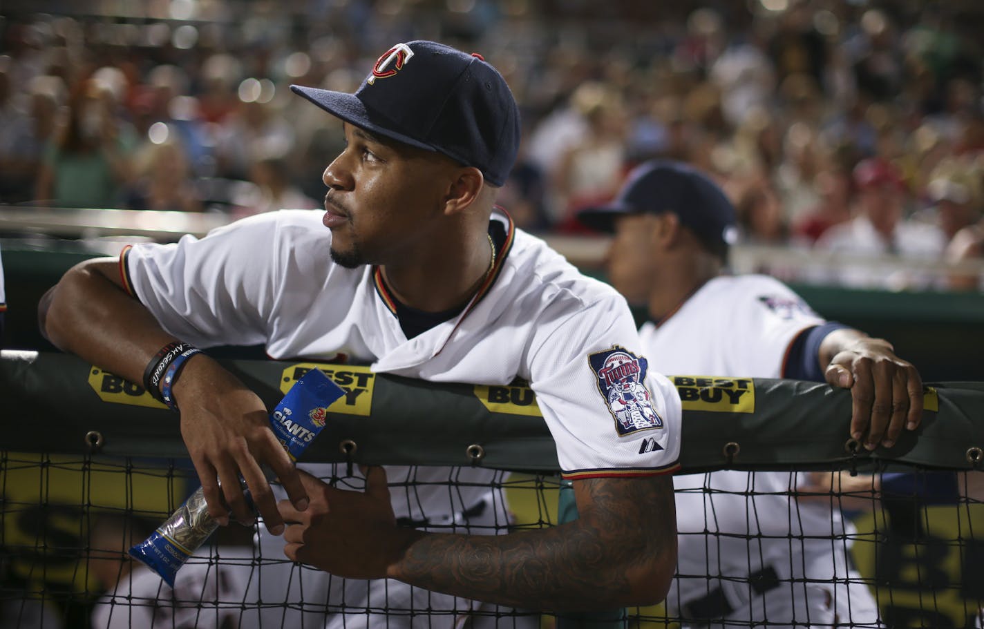 Minnesota Twins center fielder Byron Buxton waited with teammates for Thursday night's game against the Red Sox to get underway at Hammond Stadium. ] JEFF WHEELER &#xef; jeff.wheeler@startribune.com The Twins opened their Grapefruit League season against the Boston Red Sox Thursday night, March 5, 2015, at Hammond Stadium in Fort Myers, FL.