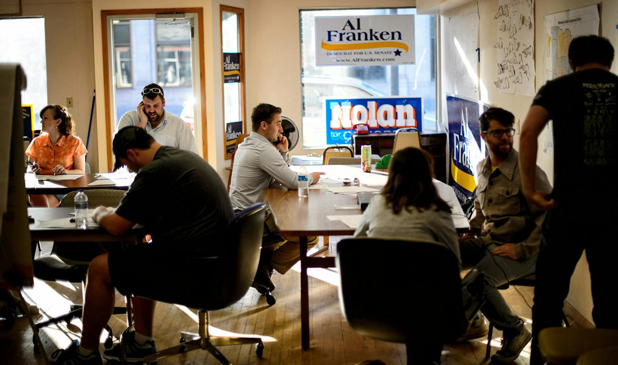 DFL volunteers made calls to muster support for Senator Al Franken Thursday evening from the regional DFL headquarters in West Duluth. Duluth is host of the DFL state convention and is the largest city in the 8th Congressional district. Wednesday, May 28, 2014 ] GLEN STUBBE * gstubbe@startribune.com ORG XMIT: MIN1405301333219611