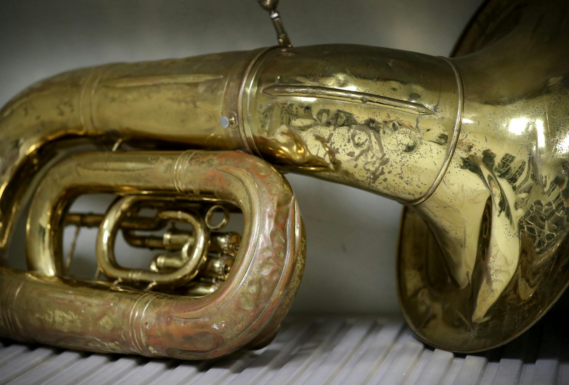 A well used tuba in the Cleveland Public School instrument closet, where almost 90 percent of the school's students play in band, and seen Tuesday, Feb. 21, 20117, in Cleveland, MN.