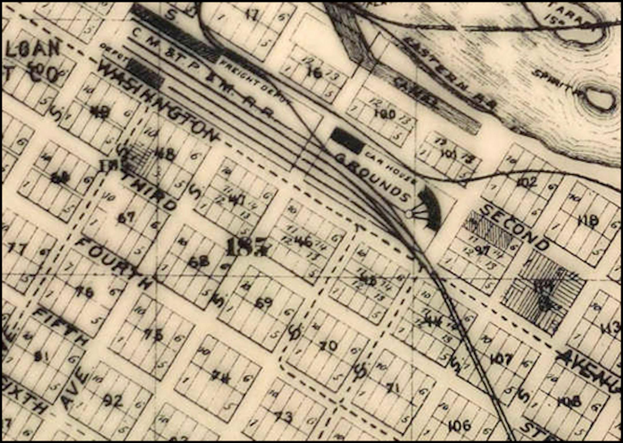 Detail of C. Wright Davison Pocket Map of Minneapolis, 1884.