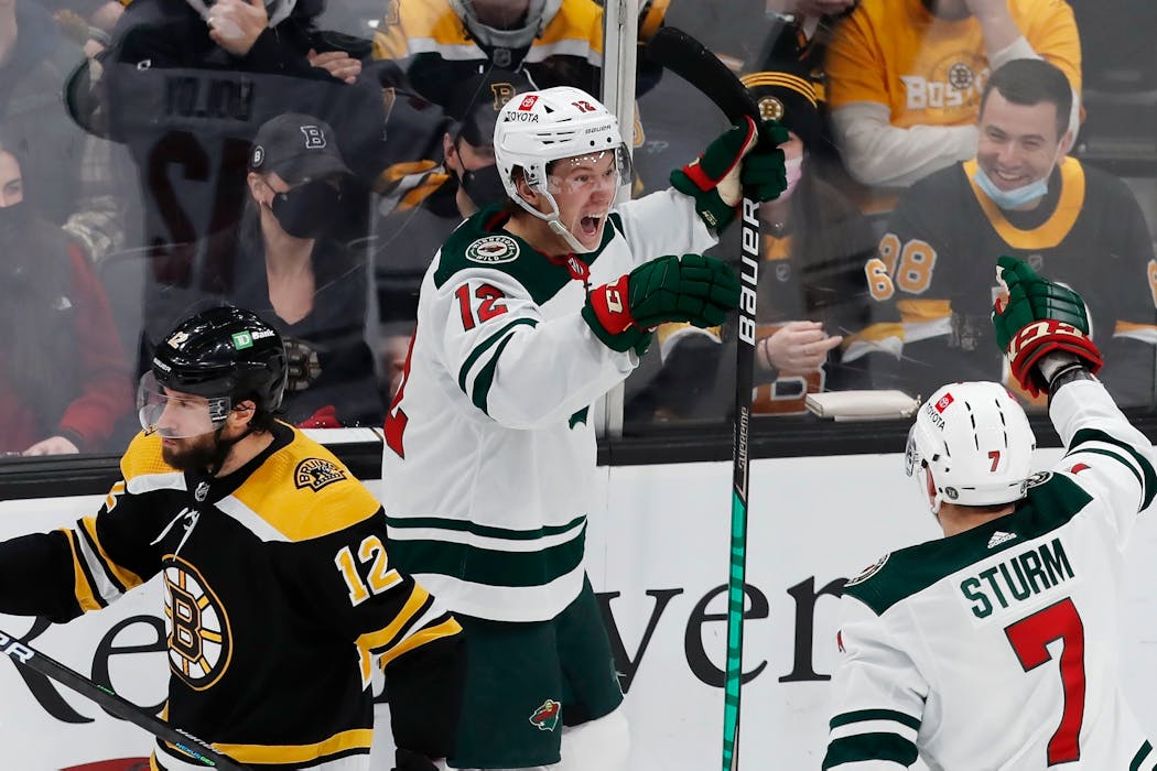 Wild rookie Matt Boldy scored against the Bruins in his NHL debut on Jan. 6. He’s since become a regular and steady contributor.