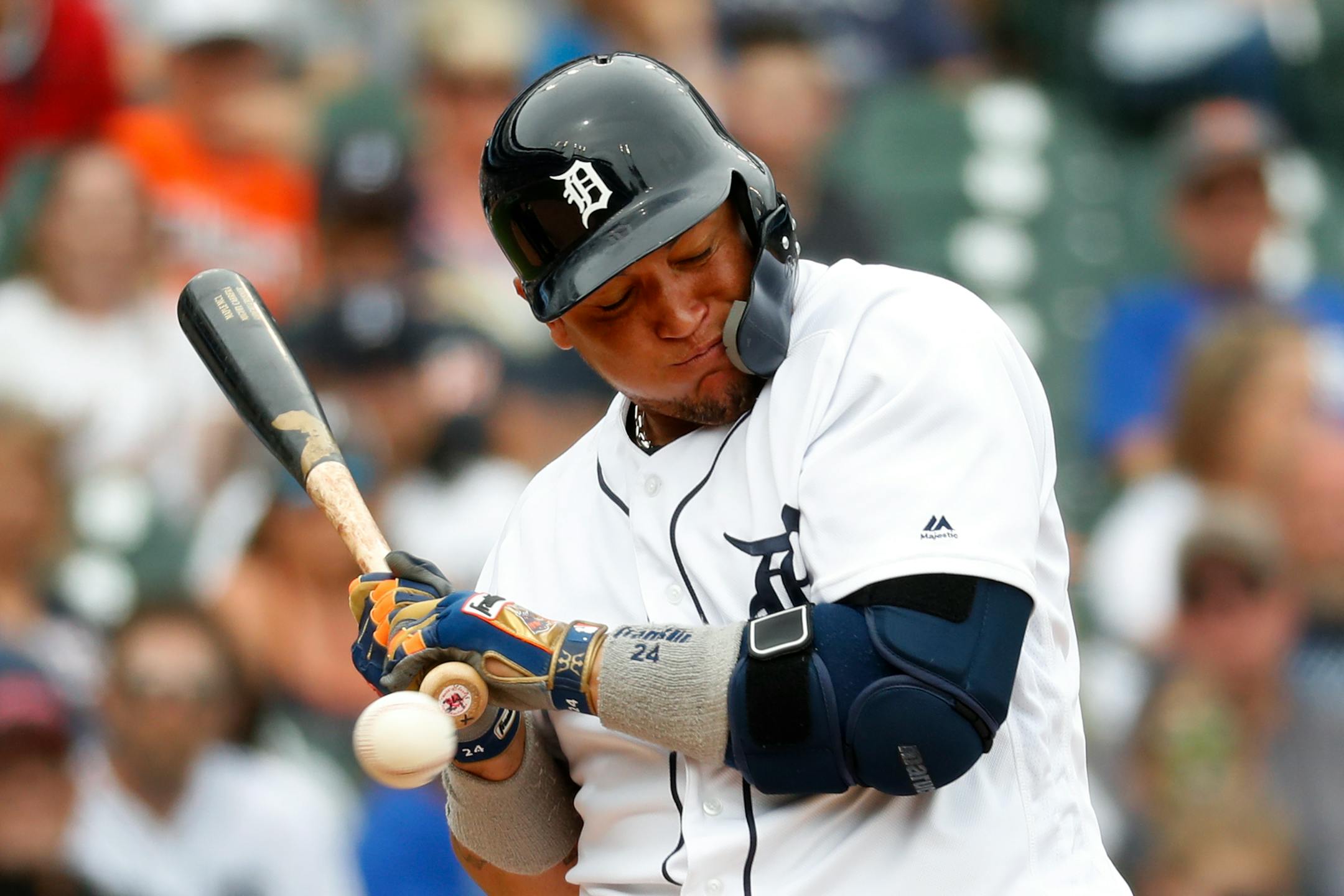 Detroit Tigers' Miguel Cabrera is hit by a pitch from Minnesota Twins' Jake Odorizzi in the sixth inning of a baseball game in Detroit, Sunday, June 9, 2019. (AP Photo/Paul Sancya)