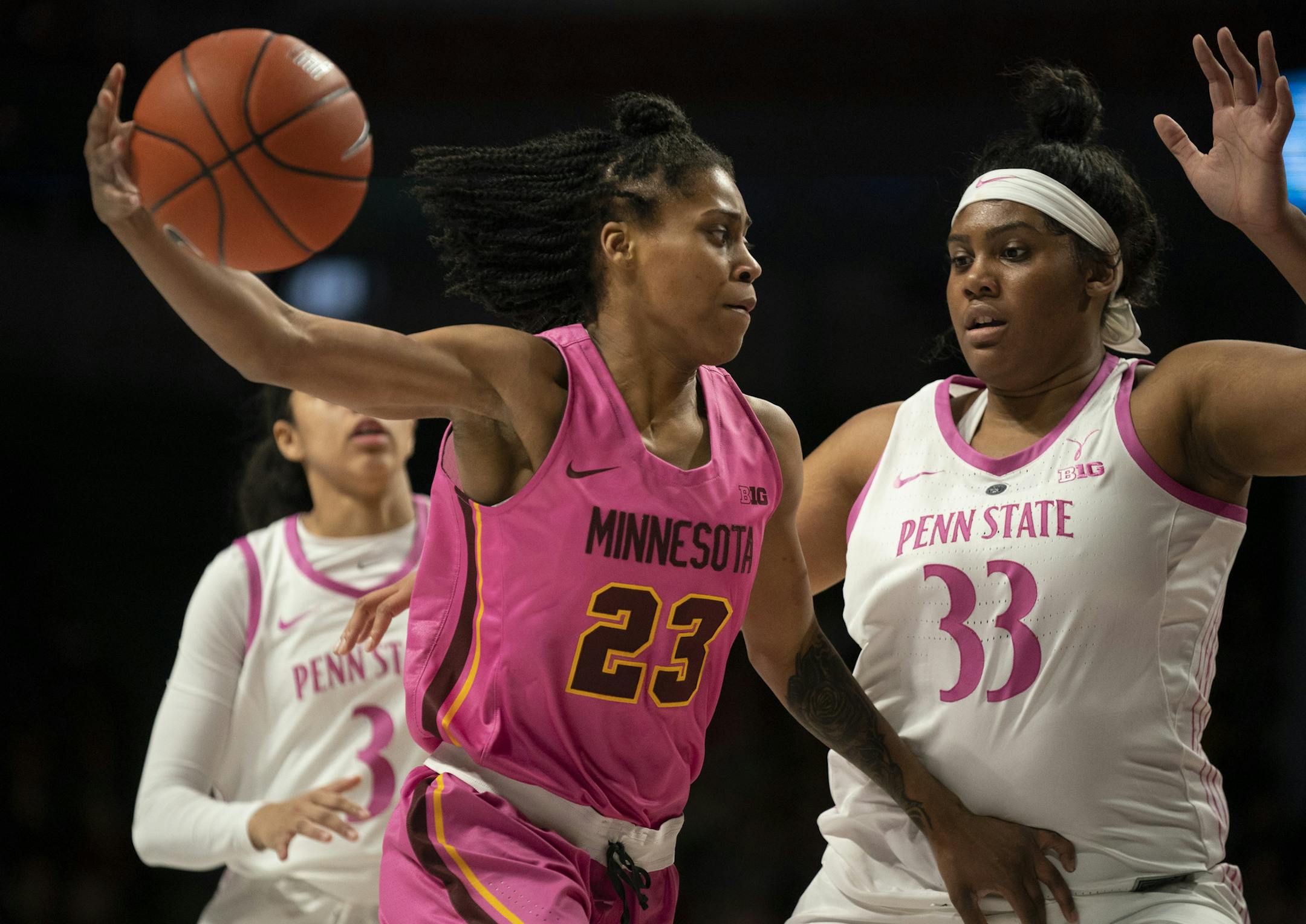 Gophers guard Kenisha Bell drove around Penn State forward Lauren Ebo