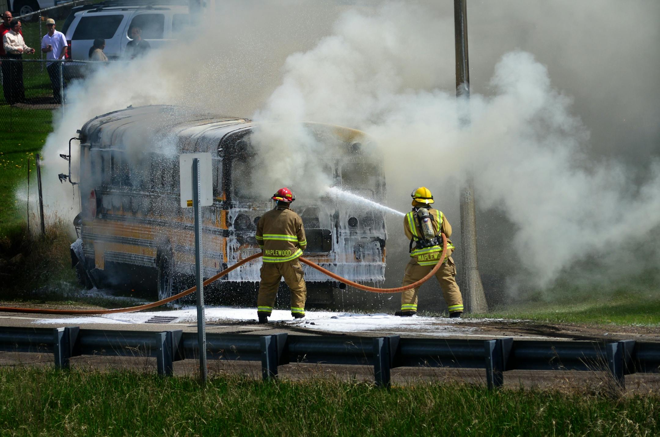 This school bus on Century Ave. exit ramp on East bound 94 in Maplewood was engulfed in flames before firefighters arrived..