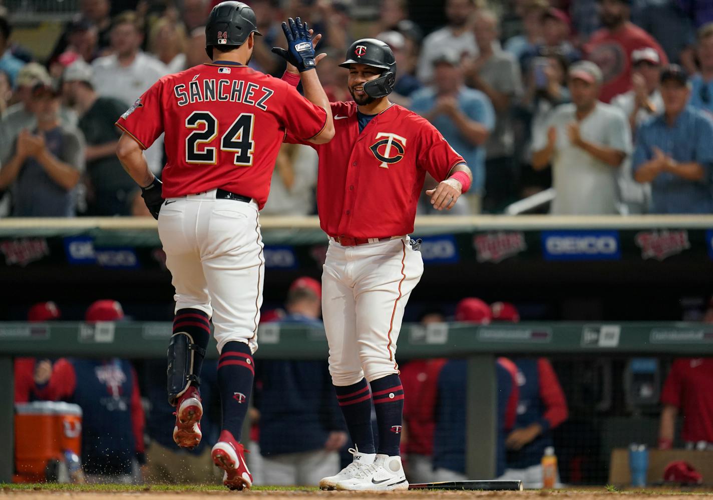 Gary Sanchez celebrates with Gilberto Celestino after hitting a two-run home run against the San Francisco Giants during the third inning Friday