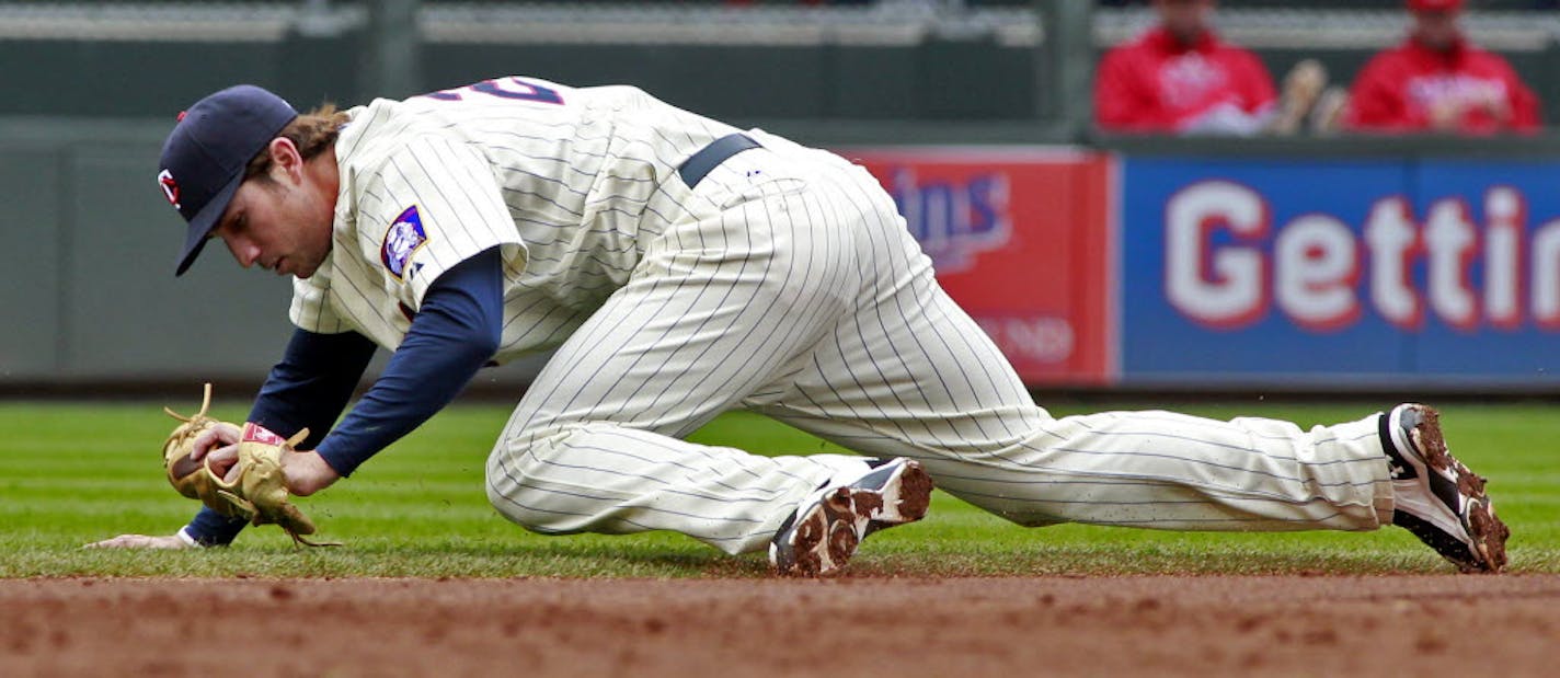 Twins shortstop Trevor Plouffe made a diving stop on a line drive, but threw the ball wildly to first base. He was charged with an error in the third inning.