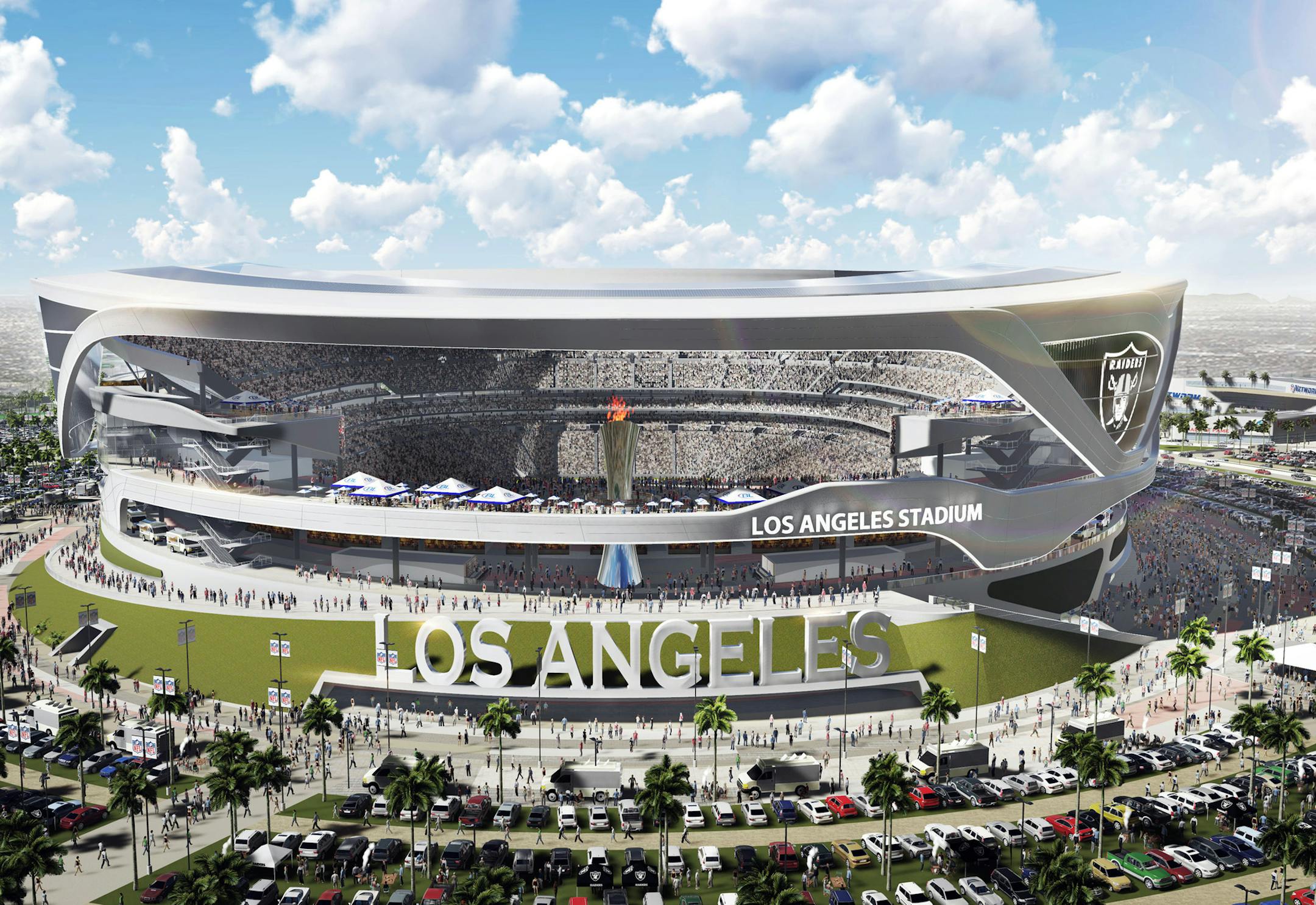 An artist's rendering provided by Carson2gether shows the exterior of a proposed stadium that would house both the Chargers and the Raiders NFL football teams, shown here in Raiders home game configuration, in Carson, Calif. New designs for the proposed NFL stadium in the Los Angeles area include simulated lightning bolts for the San Diego Chargers and an eternal flame honoring late Oakland Raiders owner Al Davis. The thoroughly revamped stadium renderings for the $1.7 billion joint stadium plan